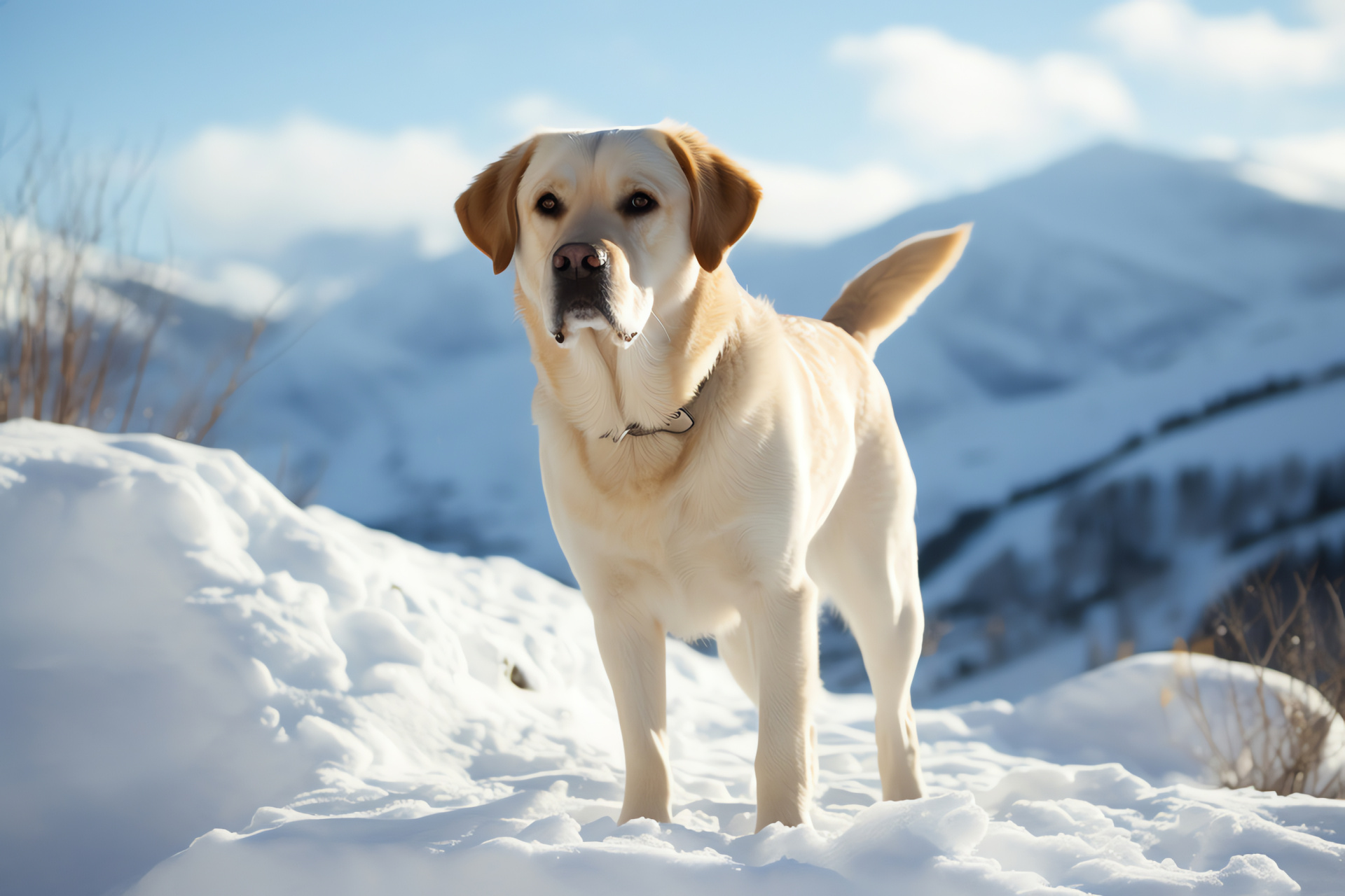 Yellow Labrador retriever, Winter dog activities, Animal in snow, Cold weather pet, Canine warmth, HD Desktop Wallpaper