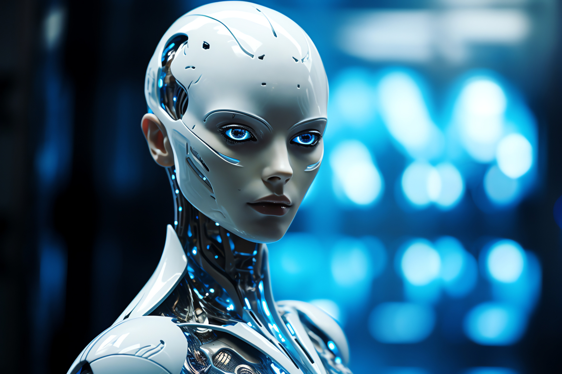 Futuristic automaton, Artificial sentient, Sapphire luminescence, Synthetic dermis, Advanced robotics, HD Desktop Wallpaper