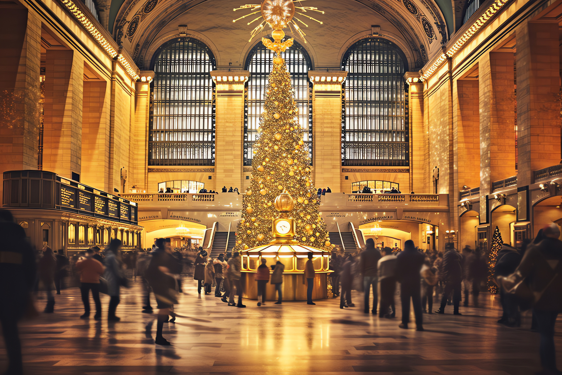 Grand Central Terminal, New York festivities, Seasonal travelers, Wreathed clocks, Holiday carolers, HD Desktop Image