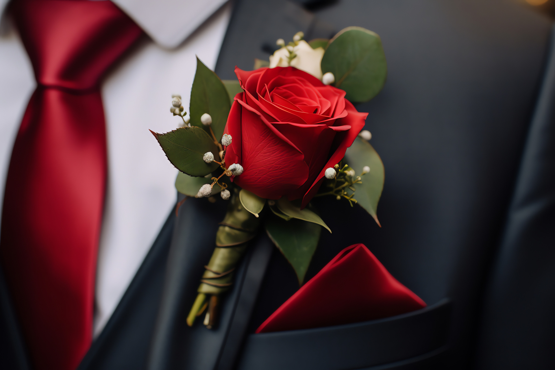 Wedding flower decoration, groomsmen attire, red rosebud accents, groom accessory, ceremonial foliage, HD Desktop Image