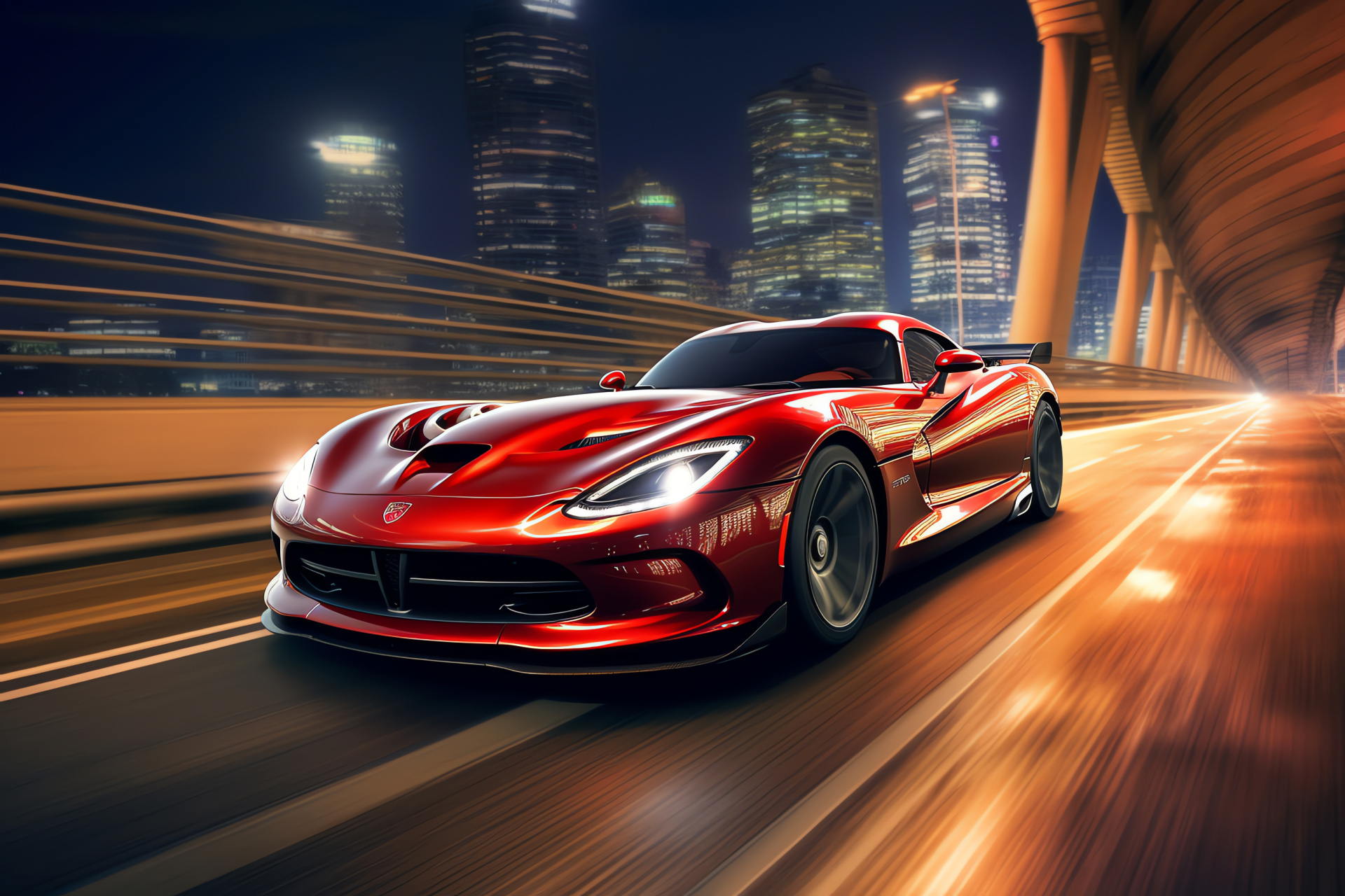 SRT Viper TA edition, Anticipated metropolis future, Reflective metallic finish, Towering architecture, HD Desktop Image