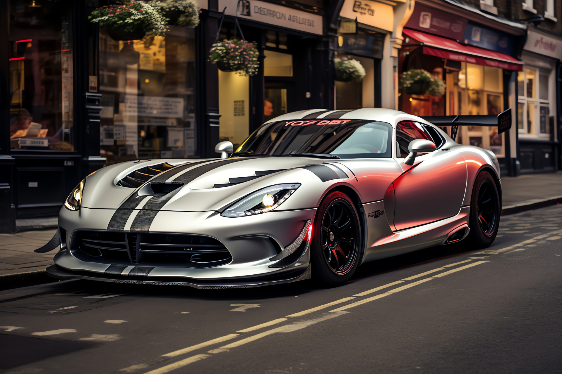 Viper ACR-X, London scenery, performance kit, iconic racing decals, British architectural sights, HD Desktop Image