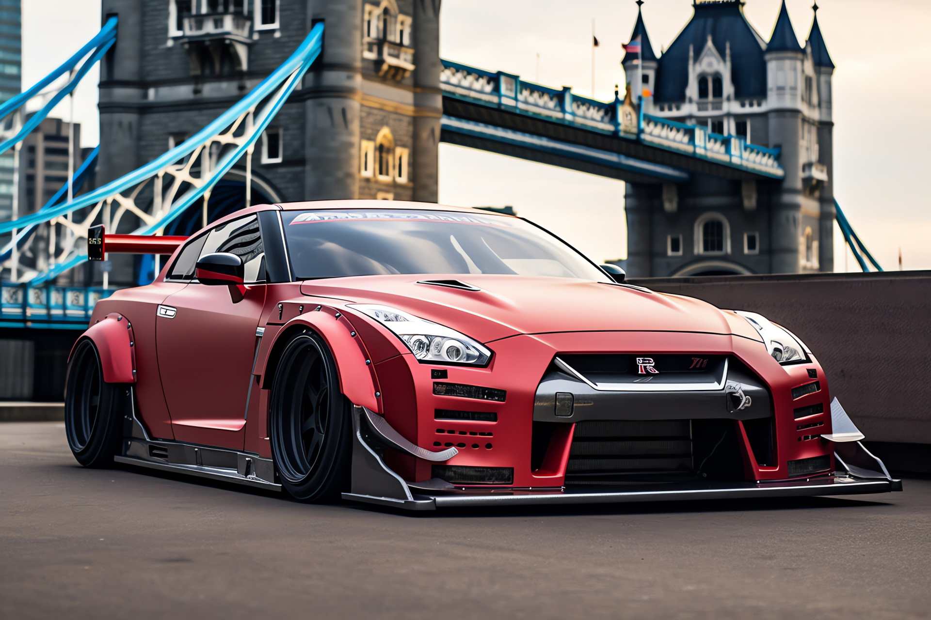 Nissan GTR Liberty Walk, London backdrop, Broad-body modifications, Exotic exhaust sound, Tower Bridge vicinity, HD Desktop Wallpaper