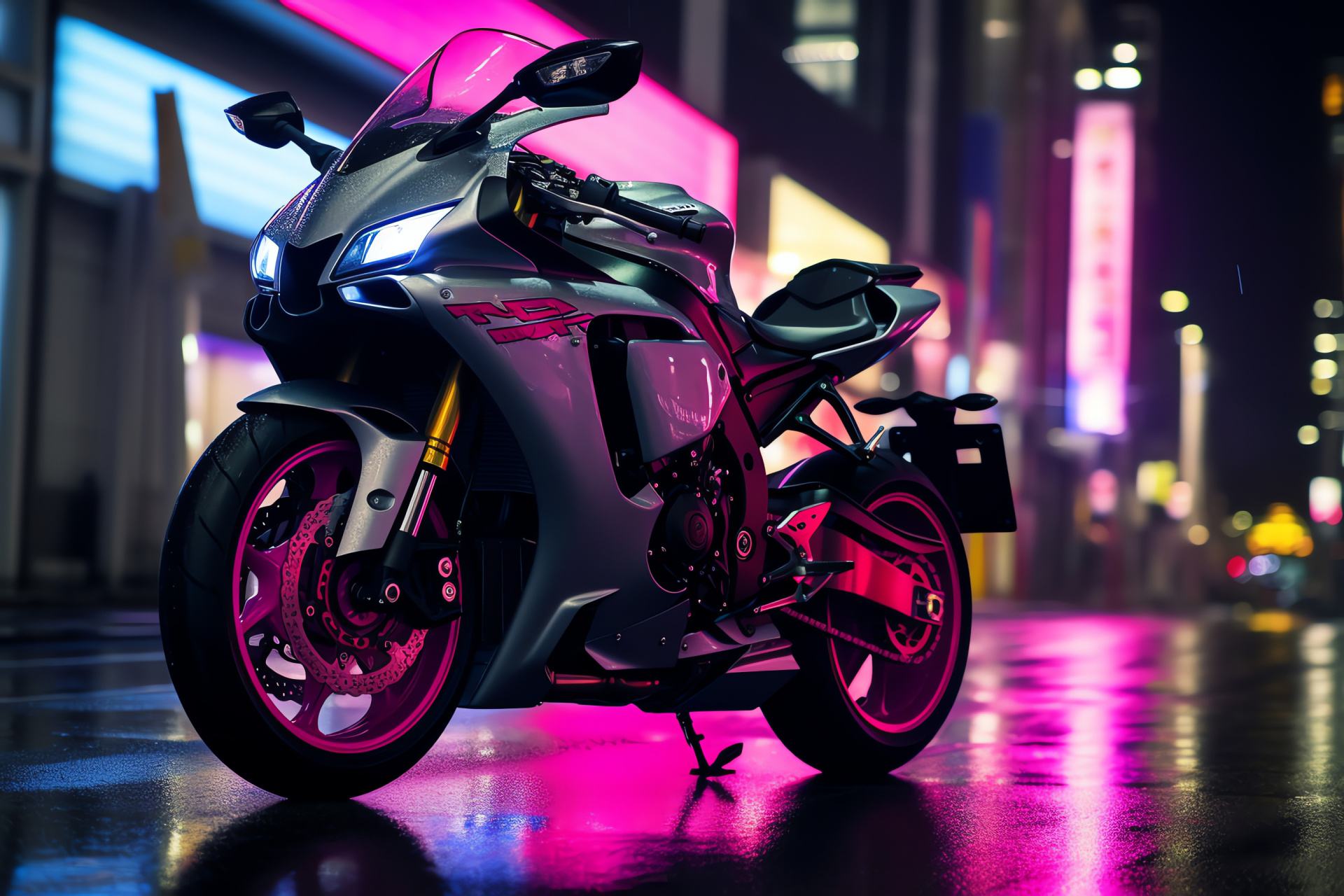 Yamaha R1 machine, Tokyo scenery, Shibuya district, Urban glow, Sci-fi flair, HD Desktop Wallpaper