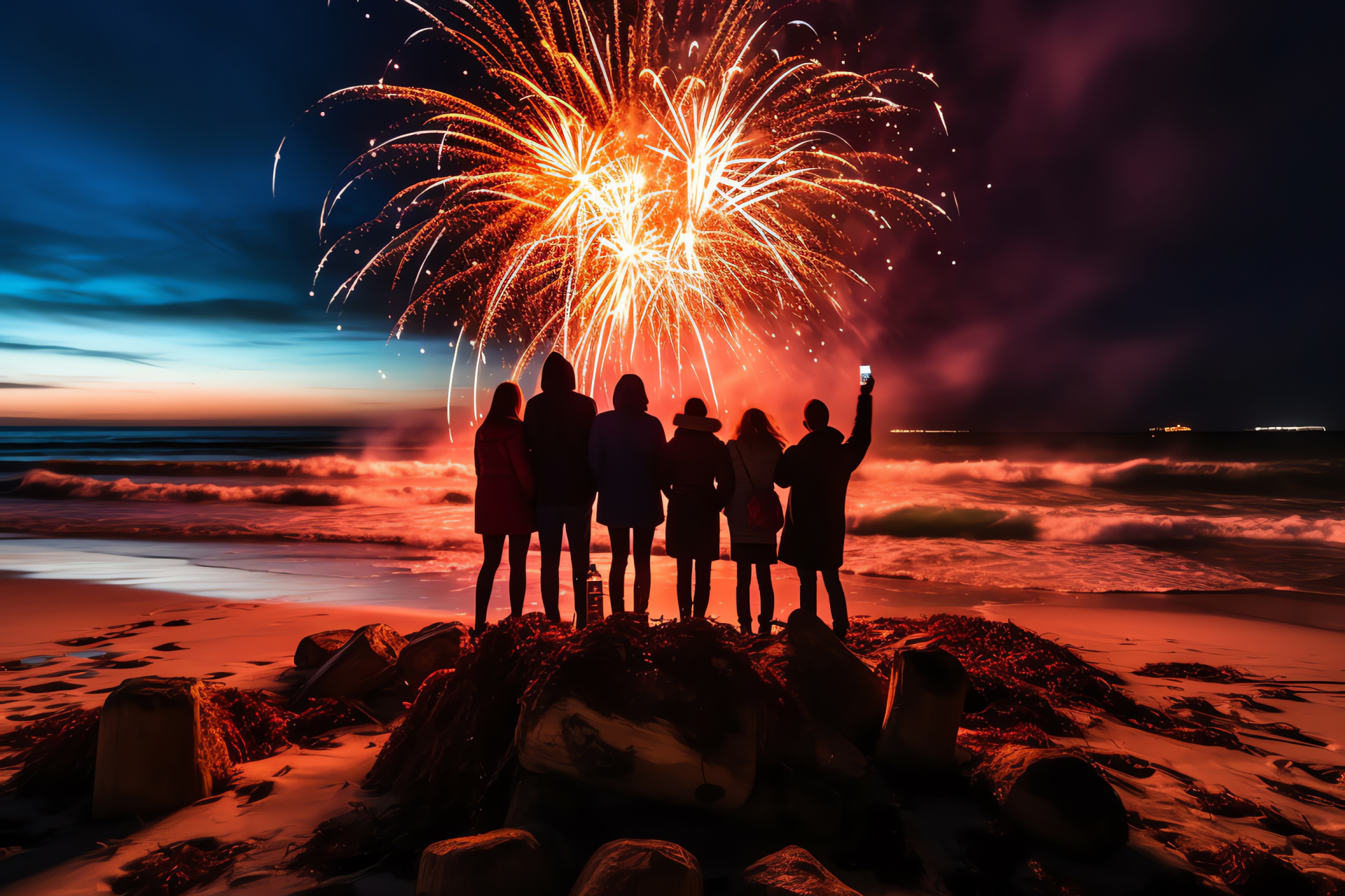 Beachside New Year, open flames, coastal celebrations, festive radiance, New Year by the sea, HD Desktop Wallpaper