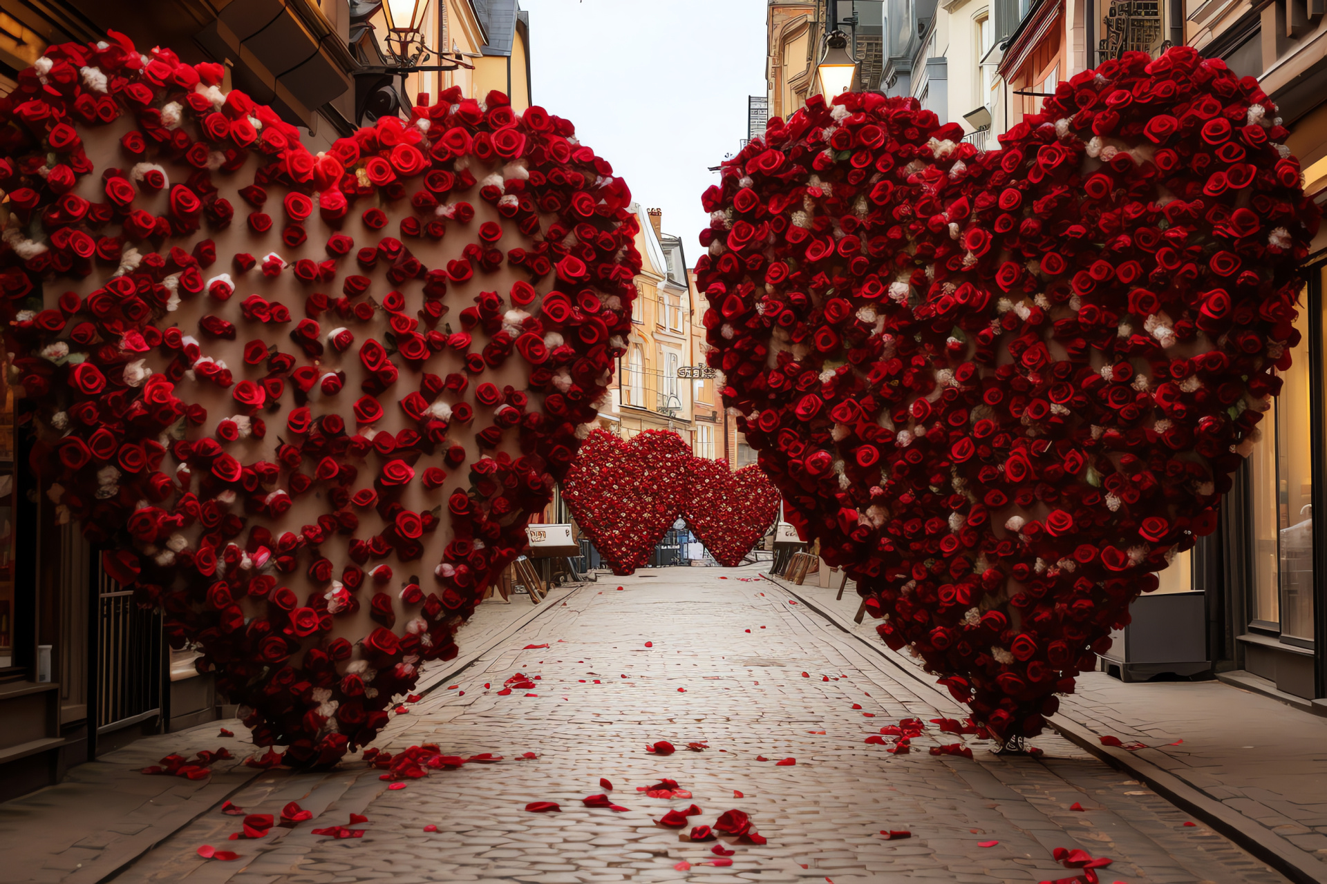 Festive streets, bouquet of red roses, heart shapes, urban energy, retail fronts, HD Desktop Image