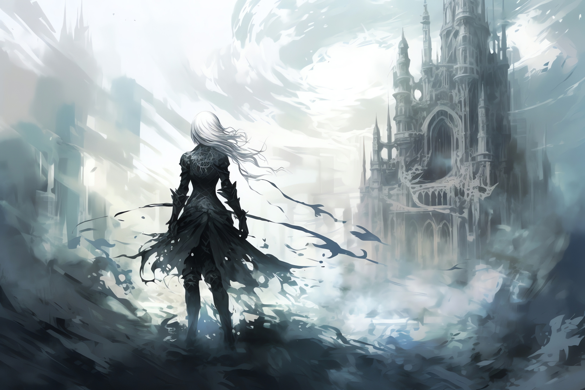 Nier realm defender, ancient stronghold, formidable adversary, long spear armament, agile combat technique, HD Desktop Wallpaper