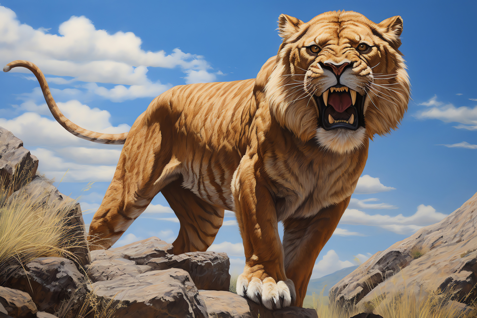 Saber Tooth Tiger, razor-sharp teeth, blue eyes, sandy brown, shaggy coat, prehistoric climate, HD Desktop Image