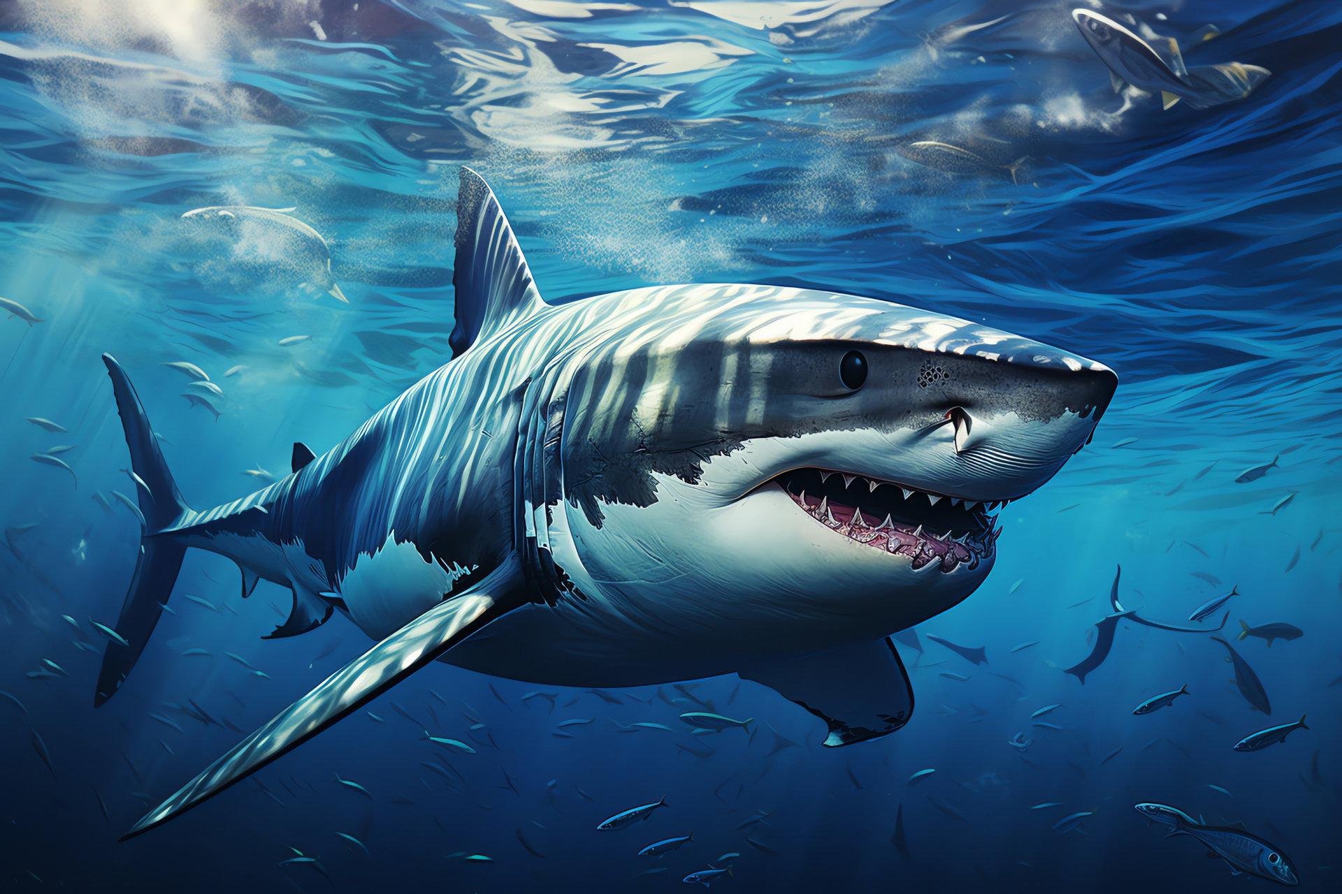 Apex predator shark, Great White particulars, Aquatic hunter, Shark anatomy, Marine adaptions, HD Desktop Image