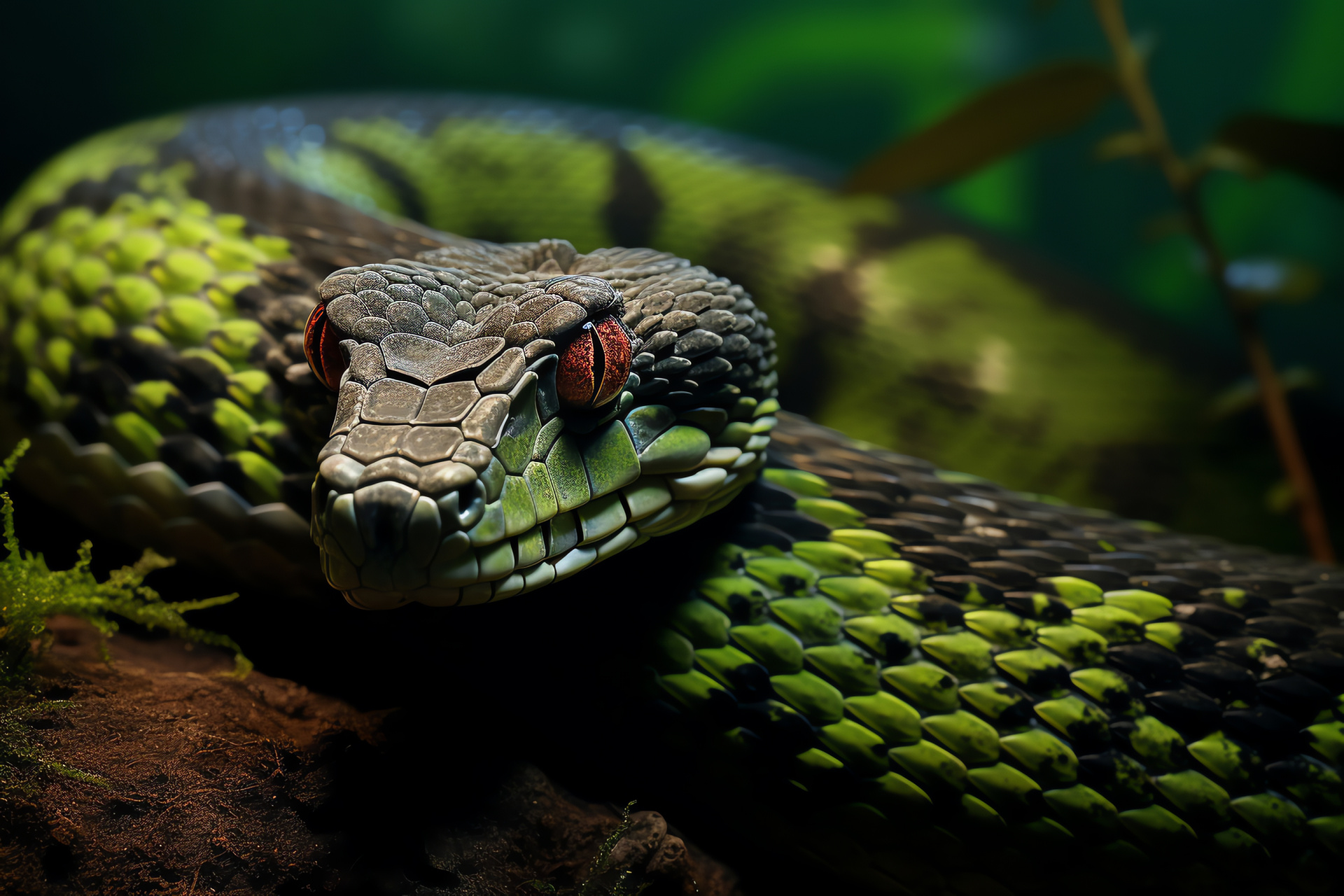 Bushmaster viper, lethal serpent, Amazonian habitat, arboreal resting, jade underbrush, HD Desktop Image