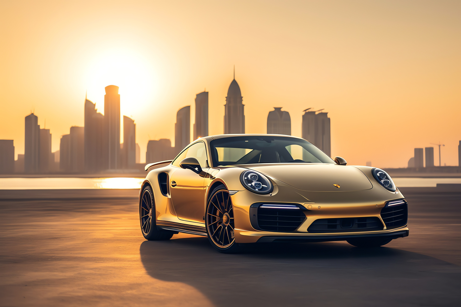 Porsche 911 Dubai, Exclusive Turbo Series, Luxury golden finish, Prestigious vehicle, Dubai skyscape, HD Desktop Wallpaper