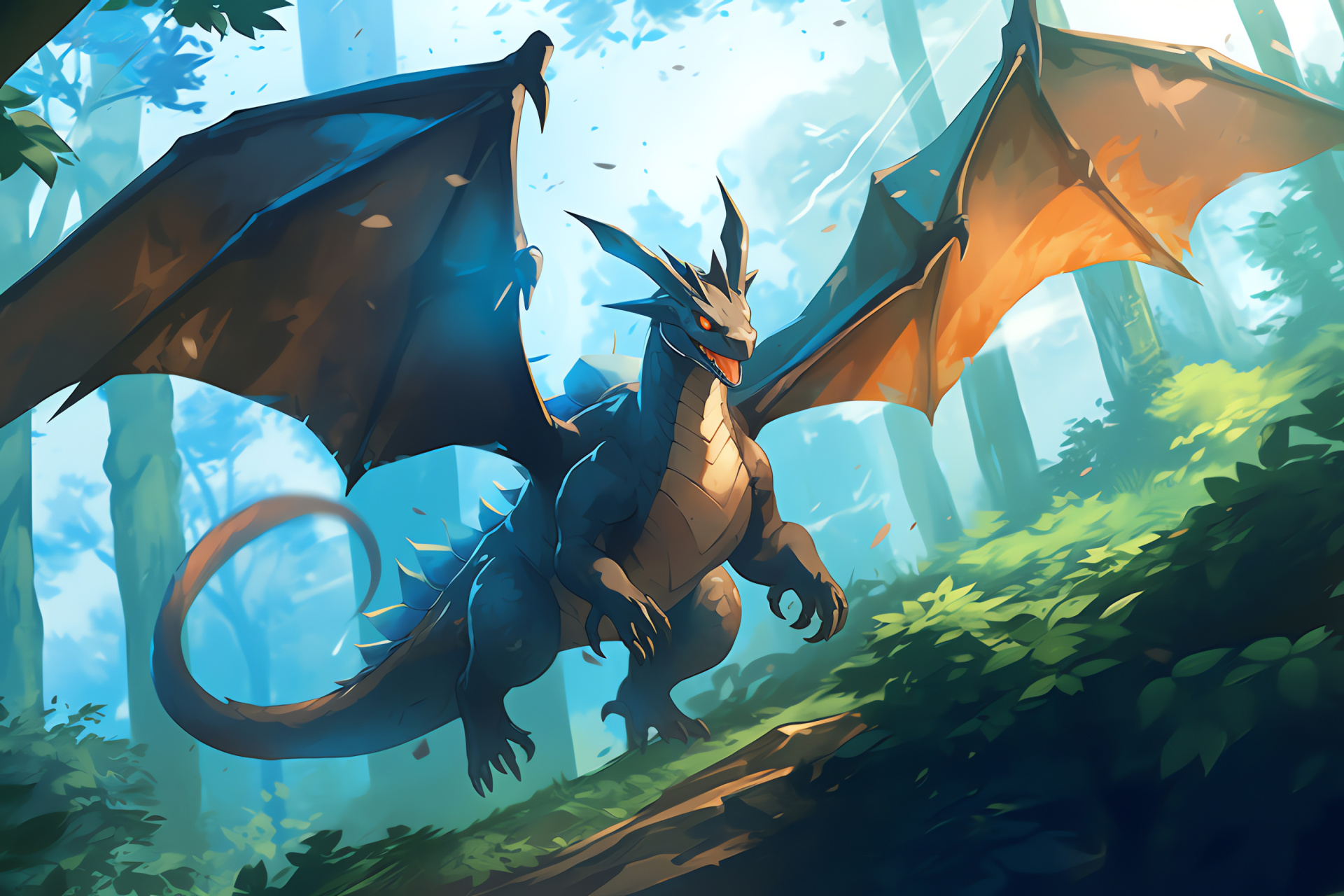 Mega Charizard in flora, Verdant canopy, Arboreal flight, Sky-high agility, Forest-dwelling mythic, HD Desktop Wallpaper