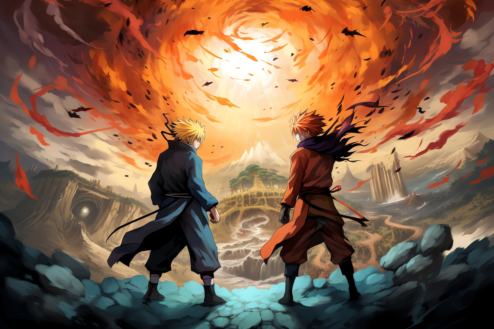 Ninja combat, Sage Mode Naruto, antagonist Madara, rugged terrain, elemental battle, HD Desktop Image