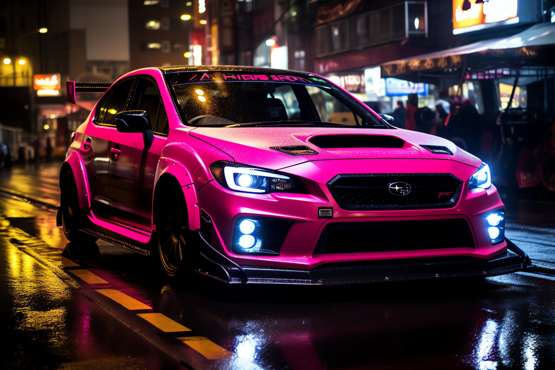 Modified racer, WRX in Tokyo, performance tuning, electronic glow, automotive culture, HD Desktop Image