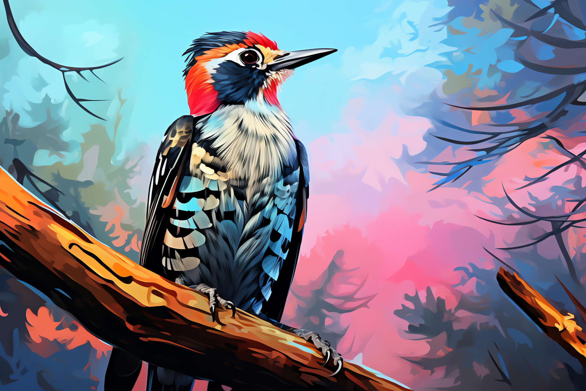 Lewis's Woodpecker, distinct plumage, crimson visage, arboreal perch, panoramic scape, HD Desktop Image