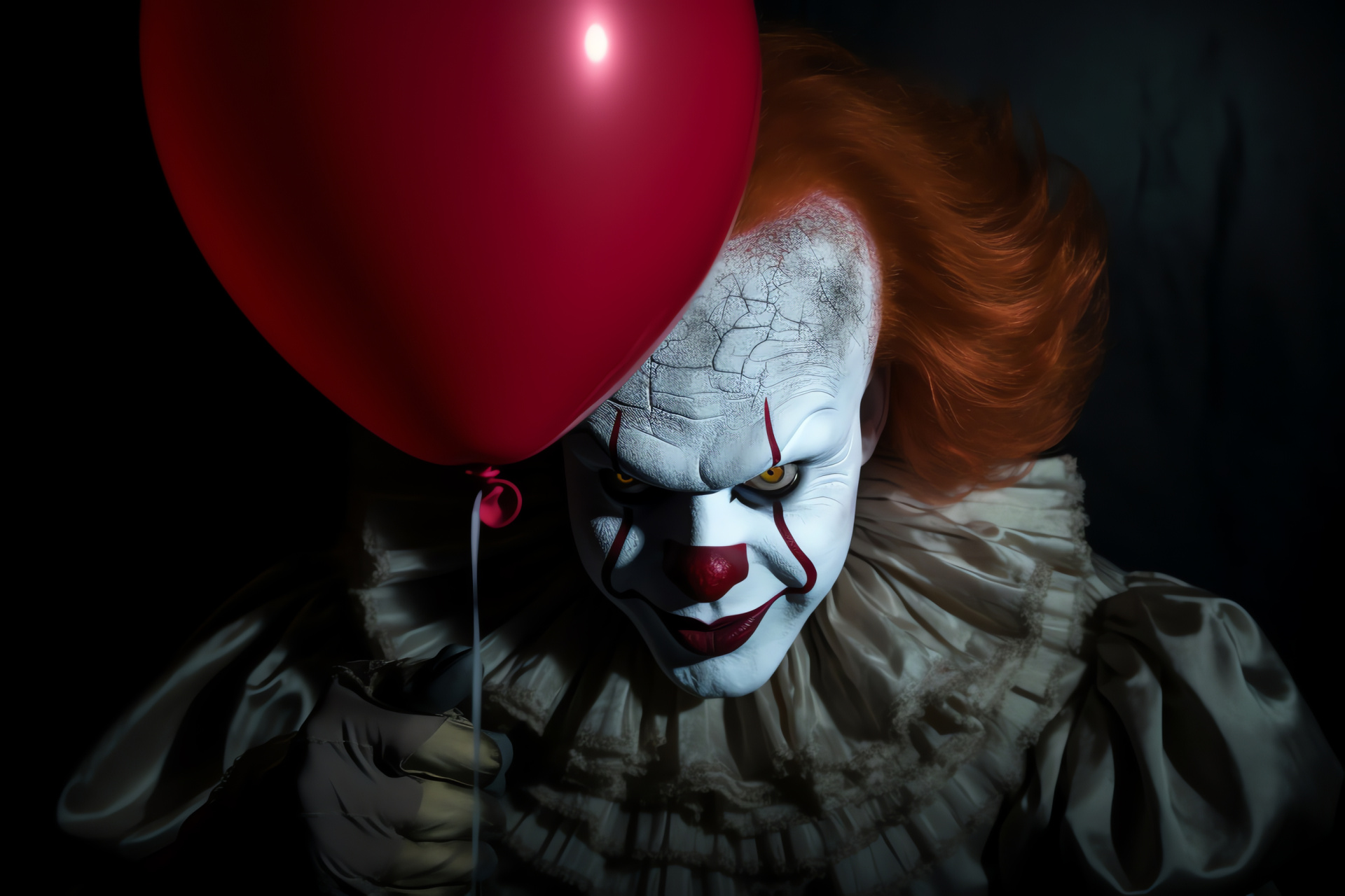 Pennywise The Clown, menacing float, hypnotic composition, amber-hued eyes, terrifying smirk, HD Desktop Image