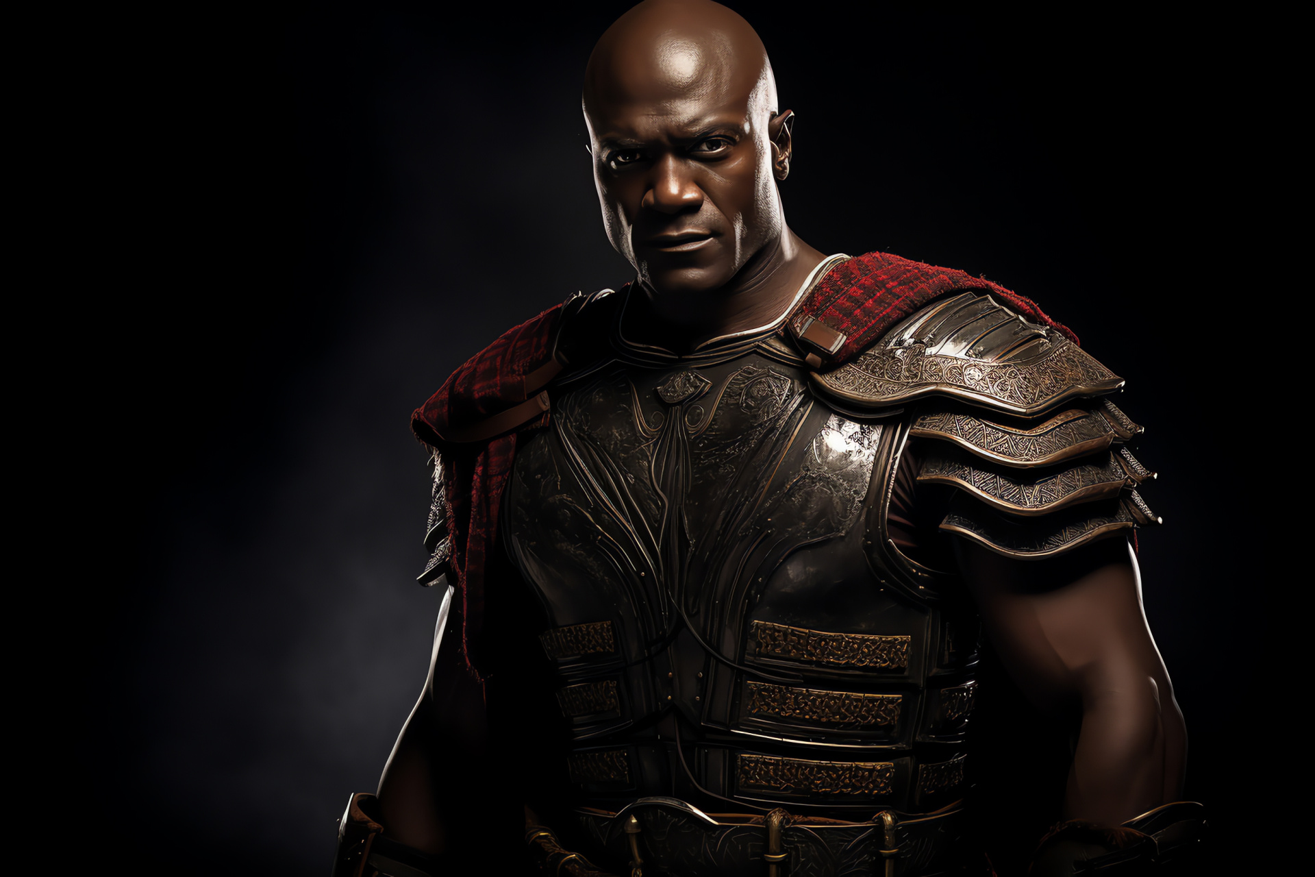 Peter Mensah portraiture, Oenomaus fighter, Historical drama representation, Blackened stage setting, Gladiator garb, HD Desktop Wallpaper