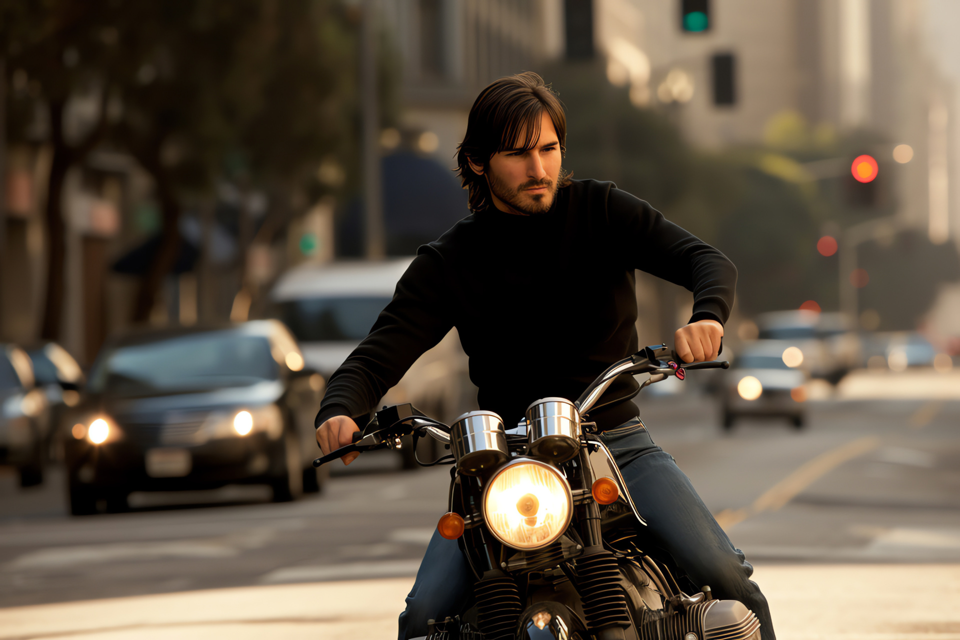 Biopic depiction Steve Jobs, actor Ashton Kutcher, cinematic portrayal, classic motorcycle, tech region, HD Desktop Wallpaper