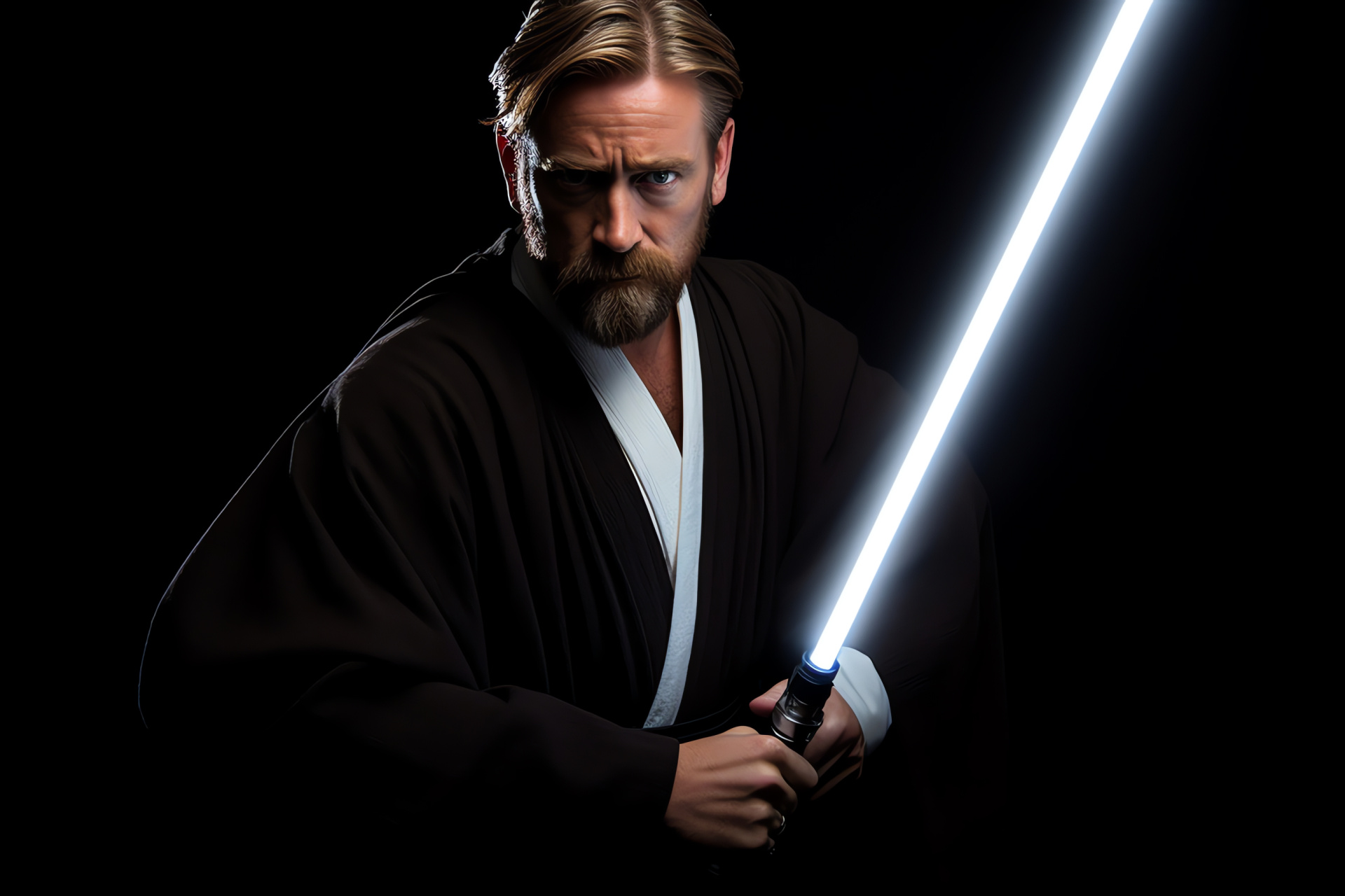 Star Wars Obi Wan, Ethereal Jedi stance, Iconic lightsaber weapon, Space opera, Daunting figure, HD Desktop Image