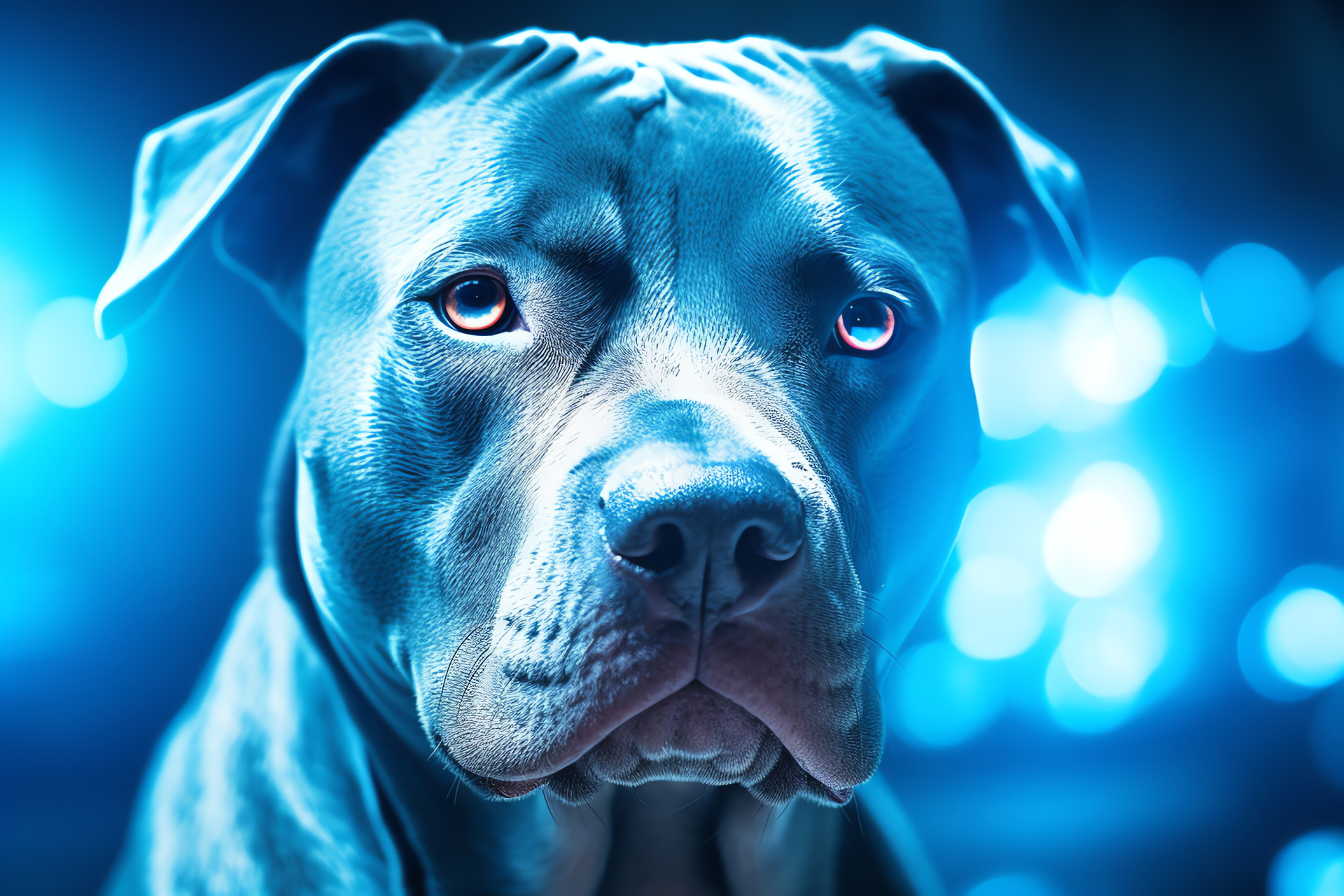 Pitbull canine detail, smooth blue fur, canine compelling look, glowing crystalline lines, HD Desktop Wallpaper