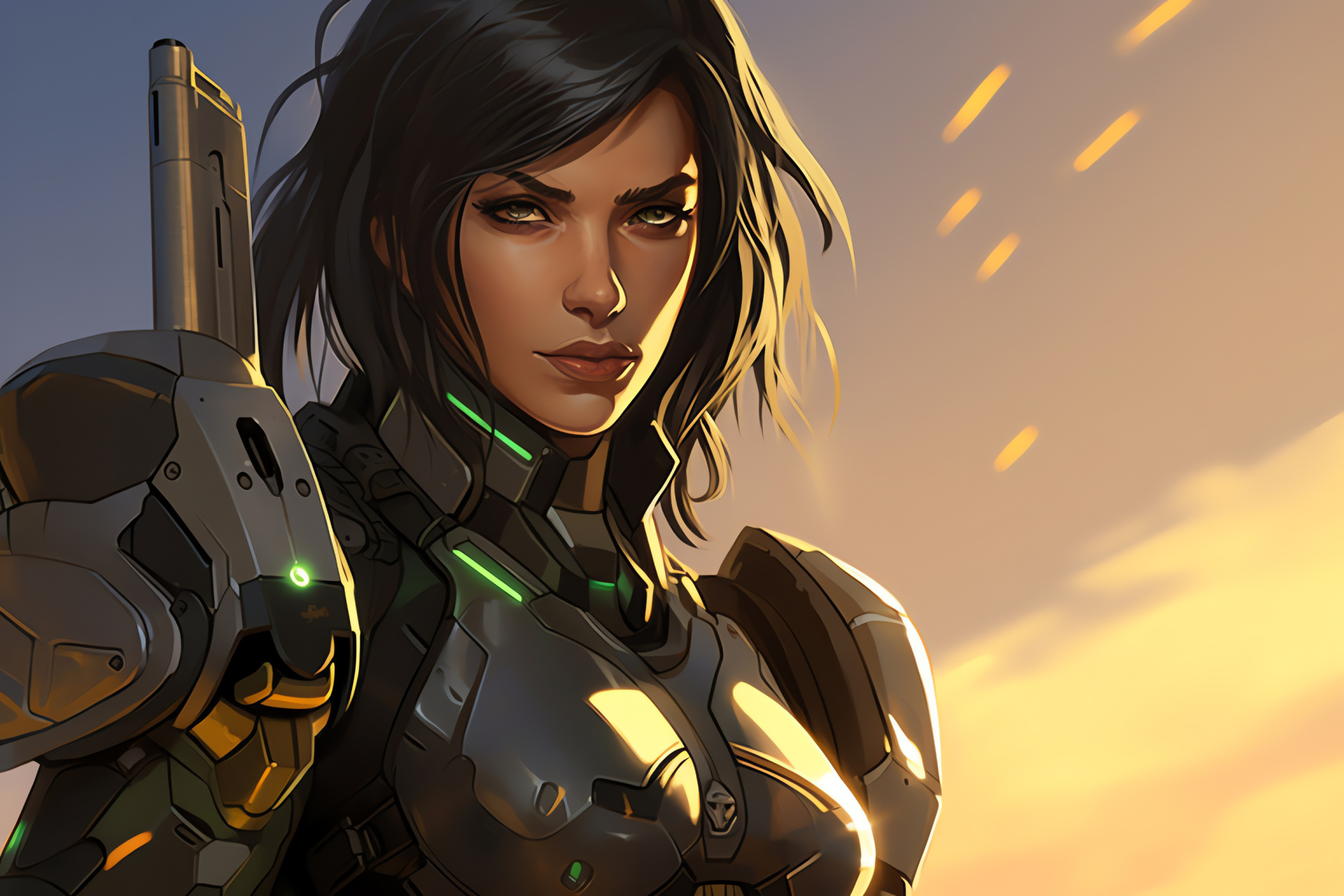 Pharah the Overwatch legend, Stylized guardian hero, Sci-fi weapons detail, Dynamic gameplay, Fictional game protector, HD Desktop Image
