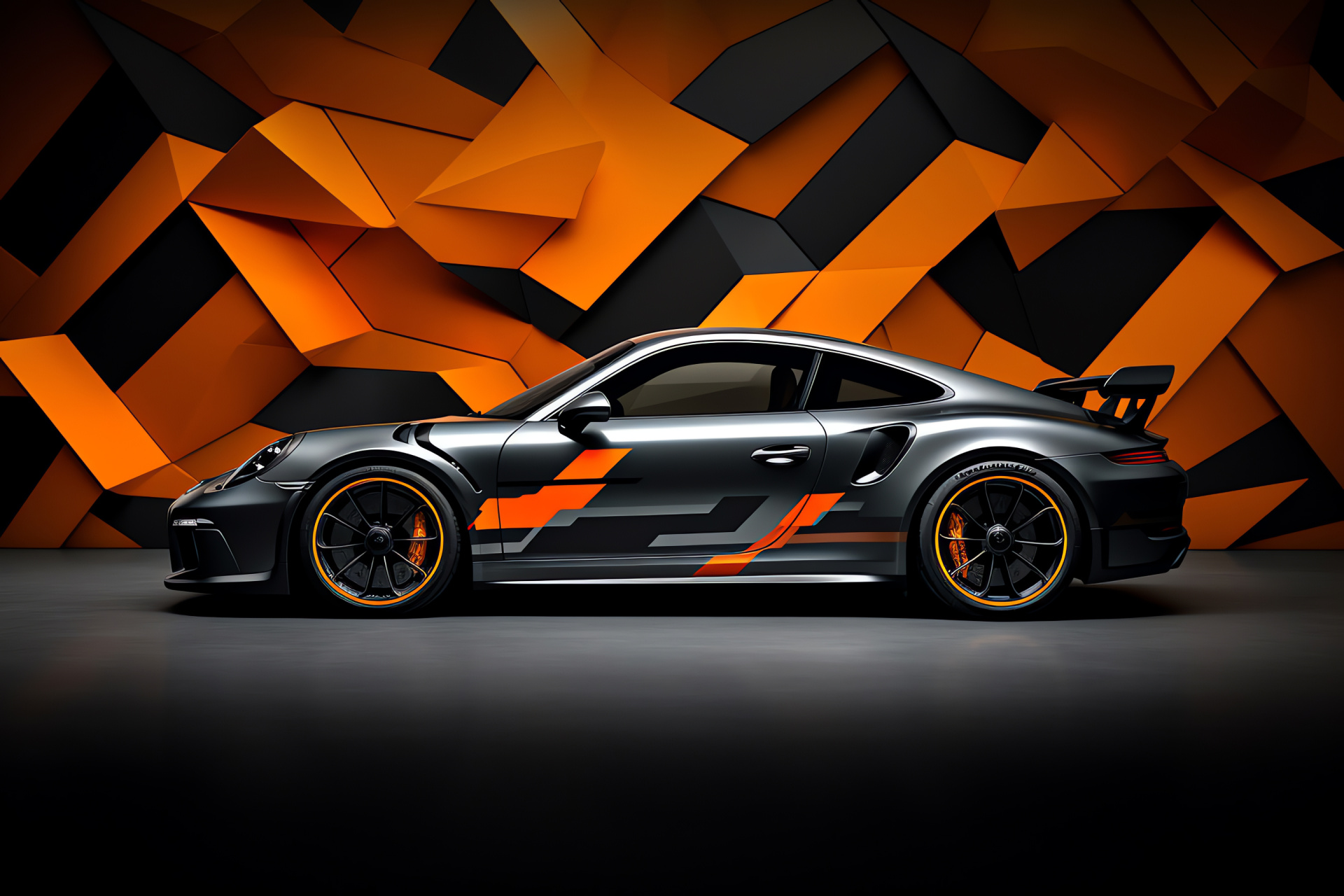 Porsche GT3 side profile, Dual-tone paint finish, Geometric design backdrop, Sports car silhouette, Automotive style, HD Desktop Image