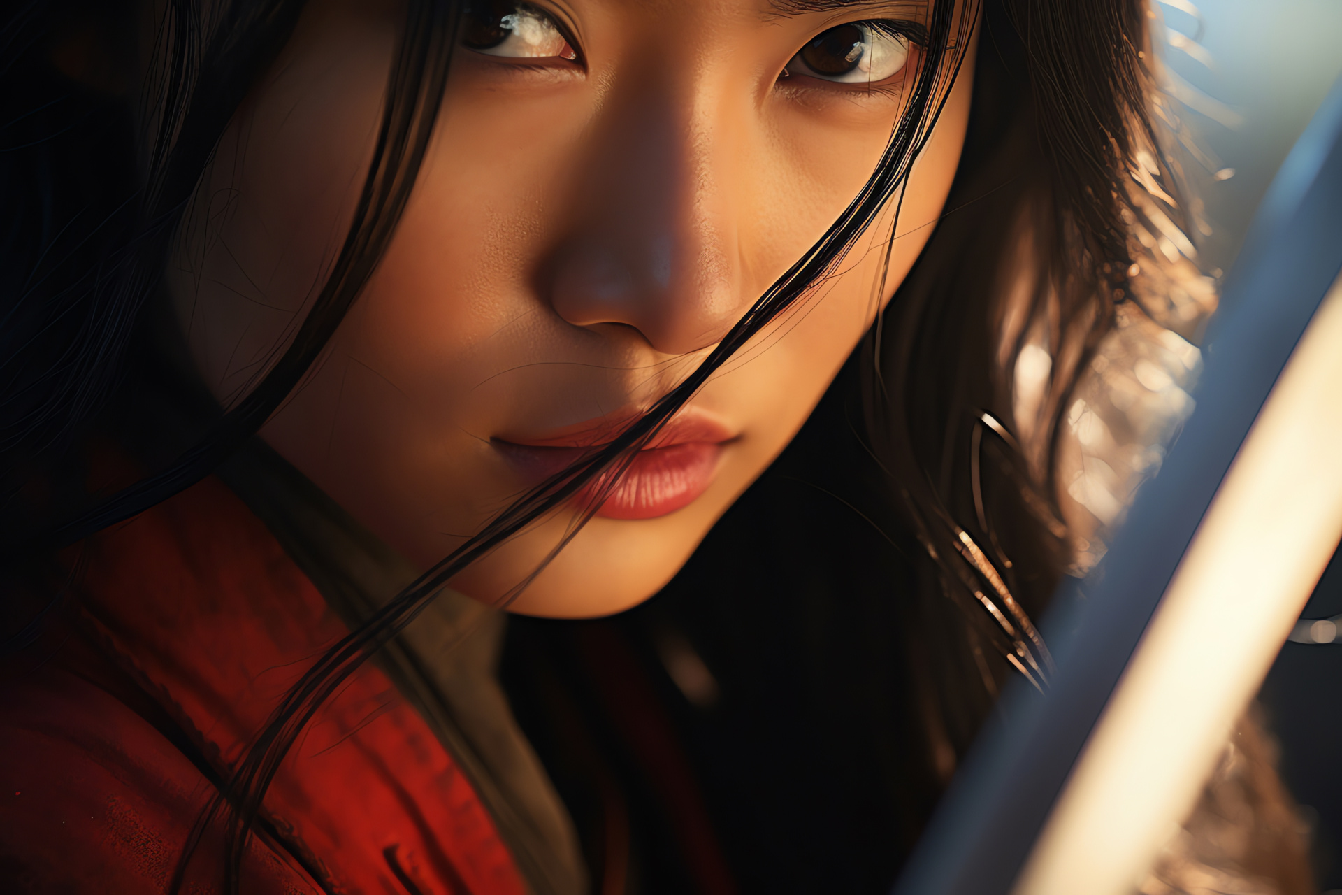 Focused Mulan with blade, Warrior's intense moment, Dual-tone visual effect, Cinematic character study, Disney adaptation, HD Desktop Wallpaper