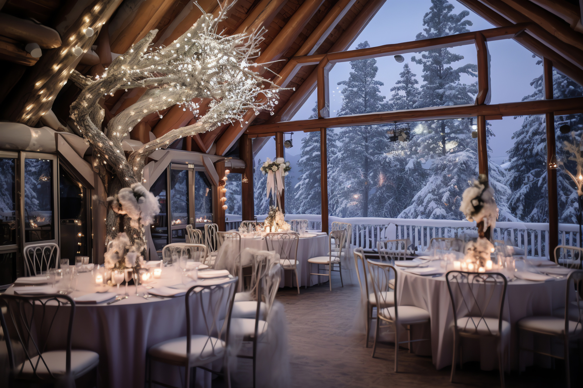 Nuptial gala, Log retreat, Illuminated atmosphere, Tree frosting, Pine forestry, HD Desktop Wallpaper