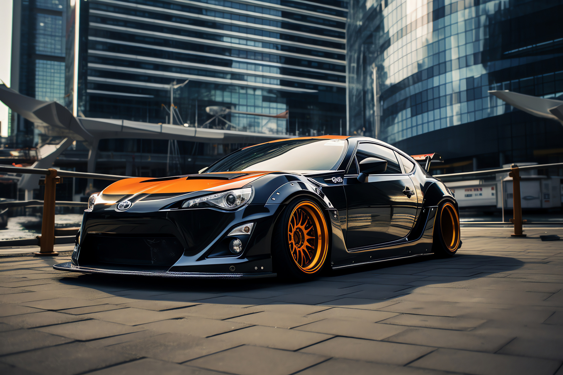 Scion FRS in Tokyo, Metropolitan finance hub, Rocket Bunny aesthetics, Business district roads, Modern auto style, HD Desktop Wallpaper