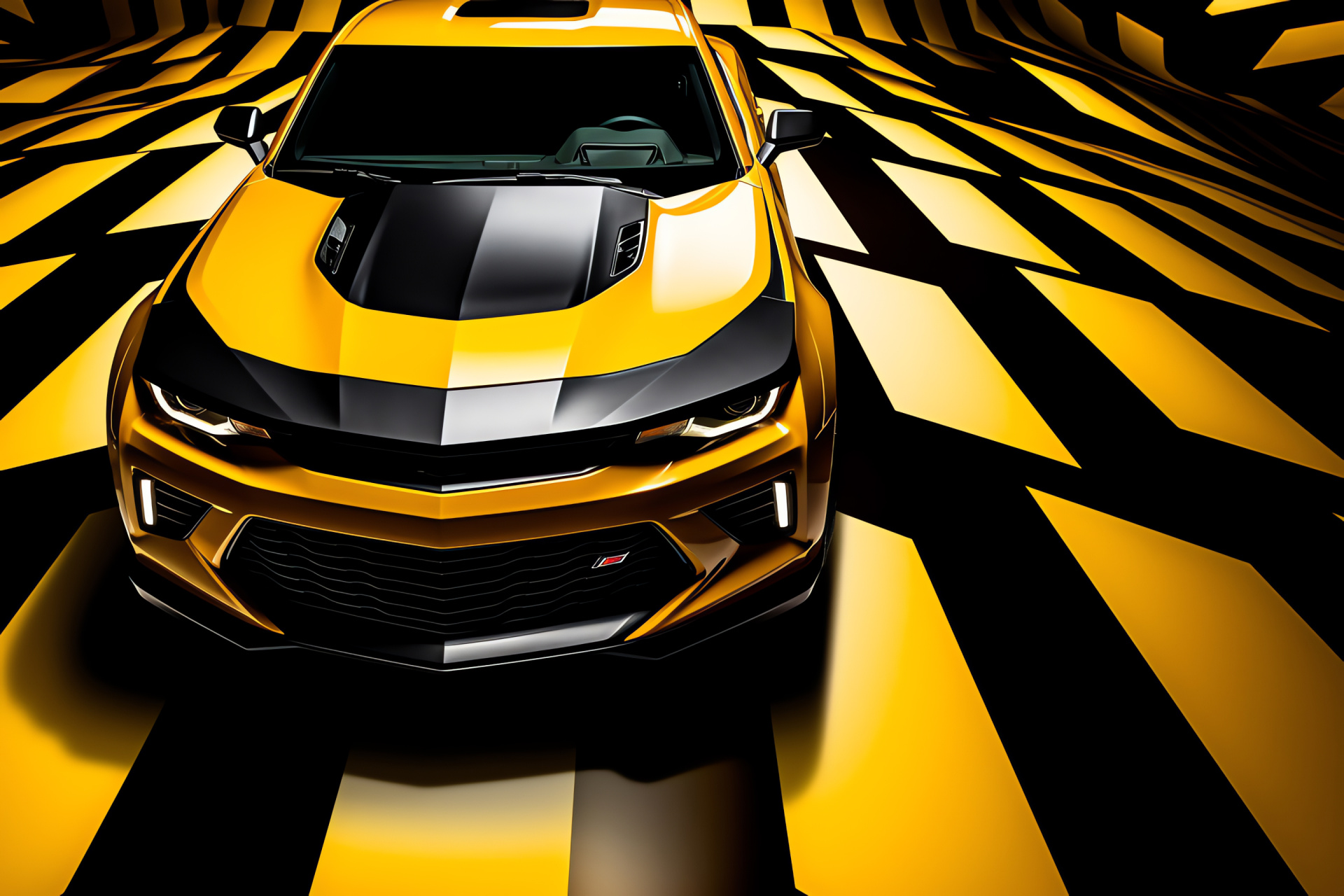 Chevrolet Camaro ZL1, High-angle automotive perspective, Geometric patterns environment, Yellow and black contrast, Sports car design, HD Desktop Image