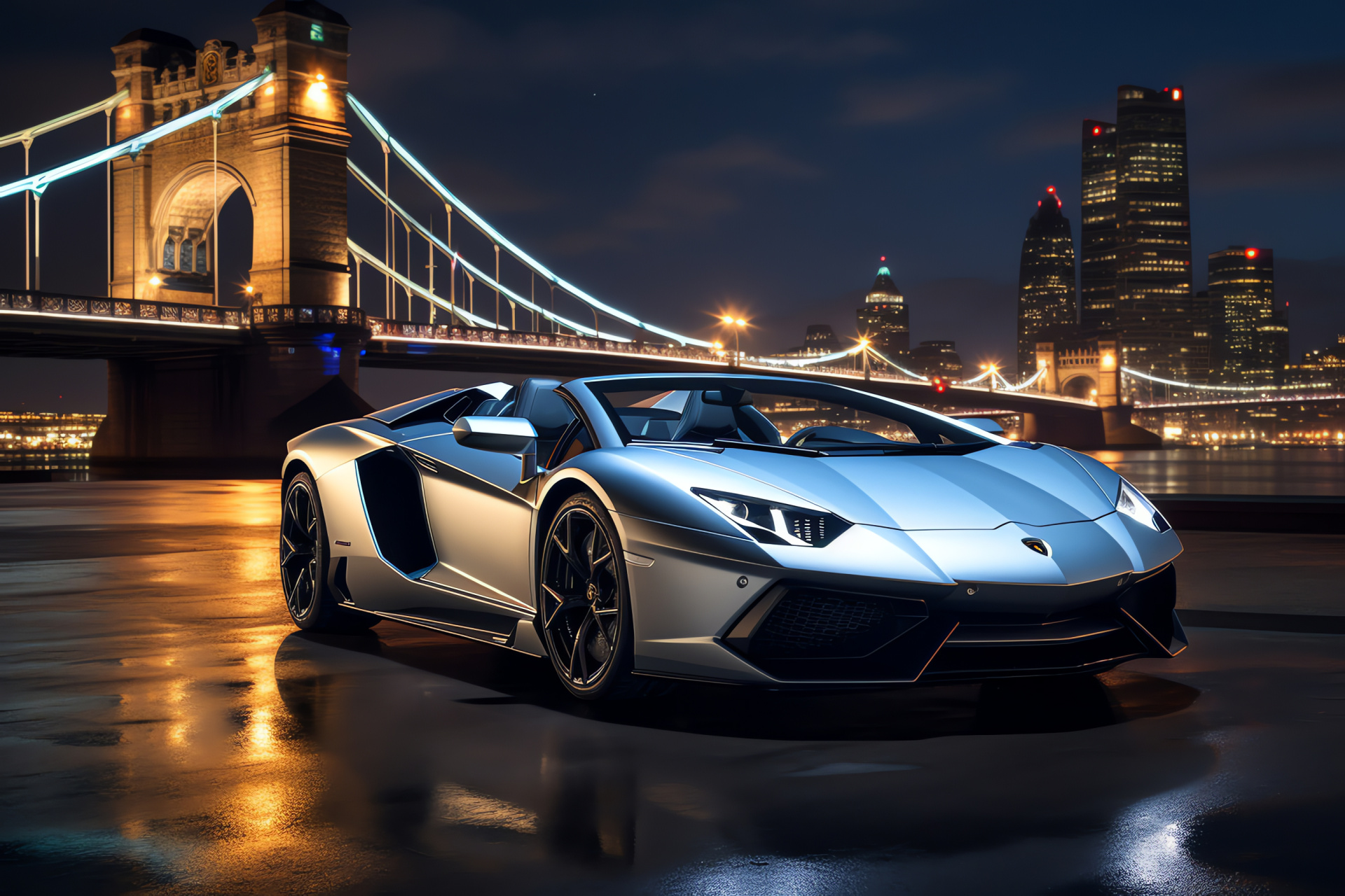 Lamborghini Aventador S, London cityscape, Silver Roadster class, Iconic British landmark, Italian precision, HD Desktop Wallpaper