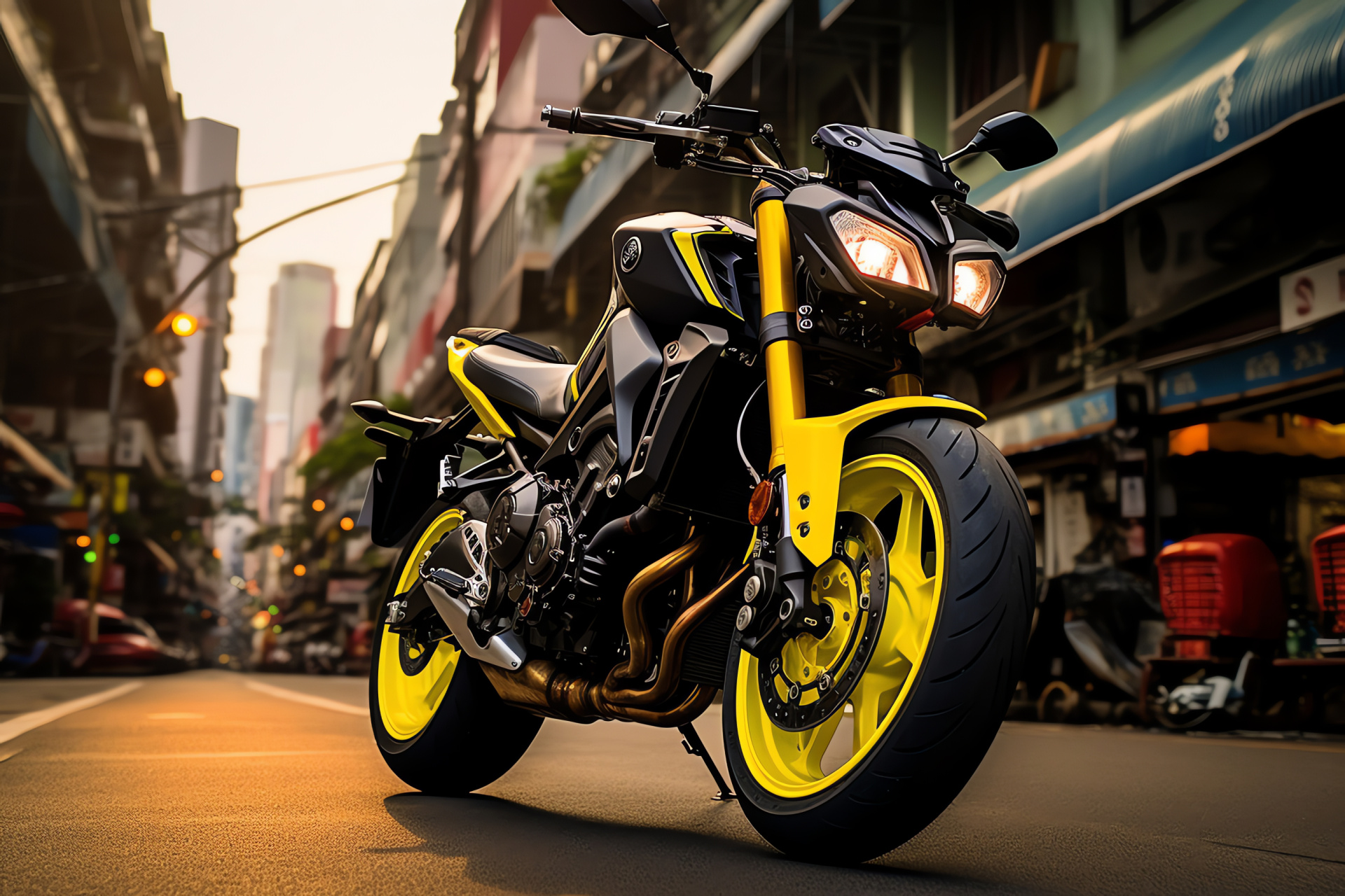 Yamaha MT-09 motorbike, Bangkok traffic scene, Traveler yellow, Three-pipe exhaust system, HD Desktop Wallpaper