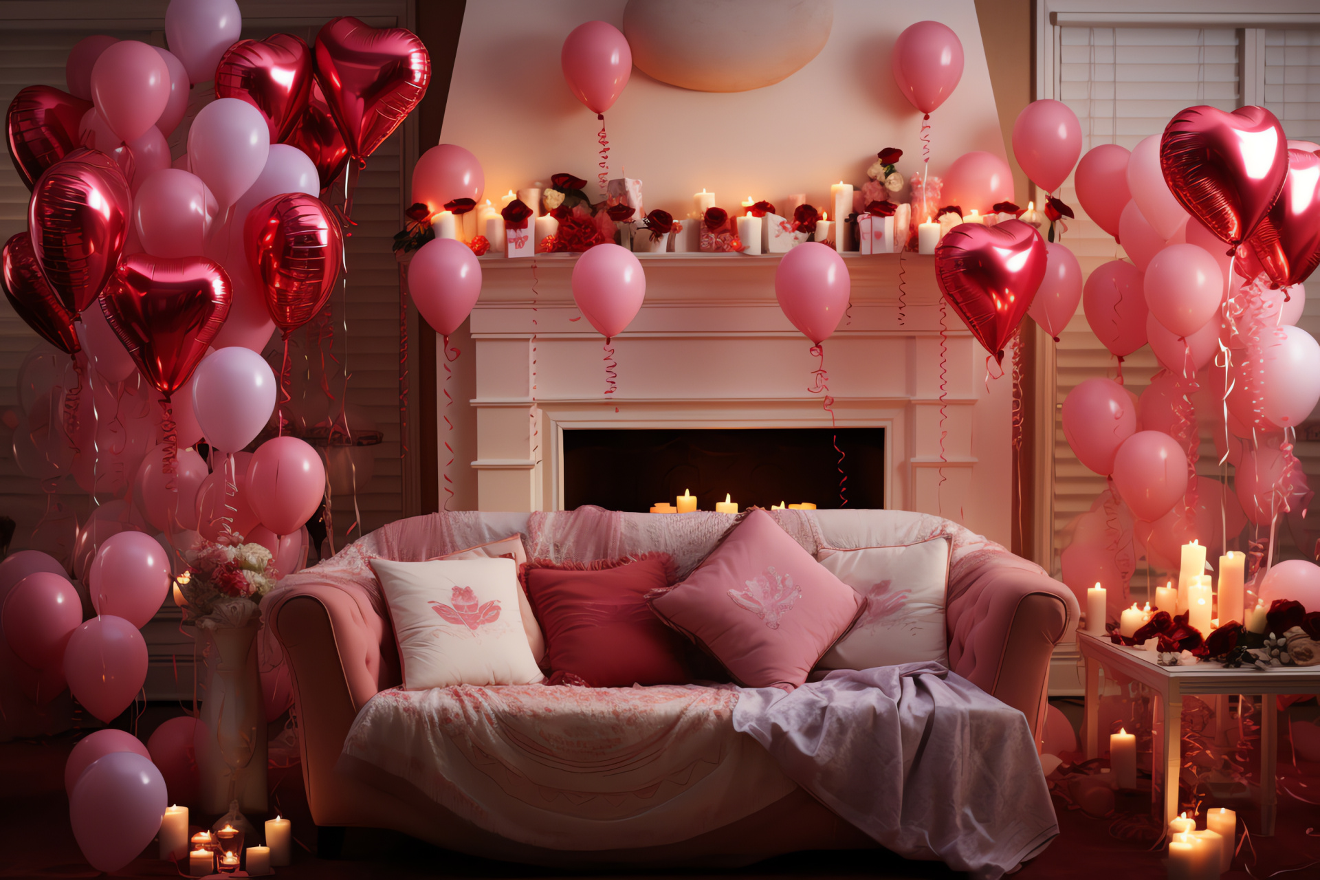 Day of love, Homely space, Inflatable hearts, Decorative streamers, Joyous setting, HD Desktop Image