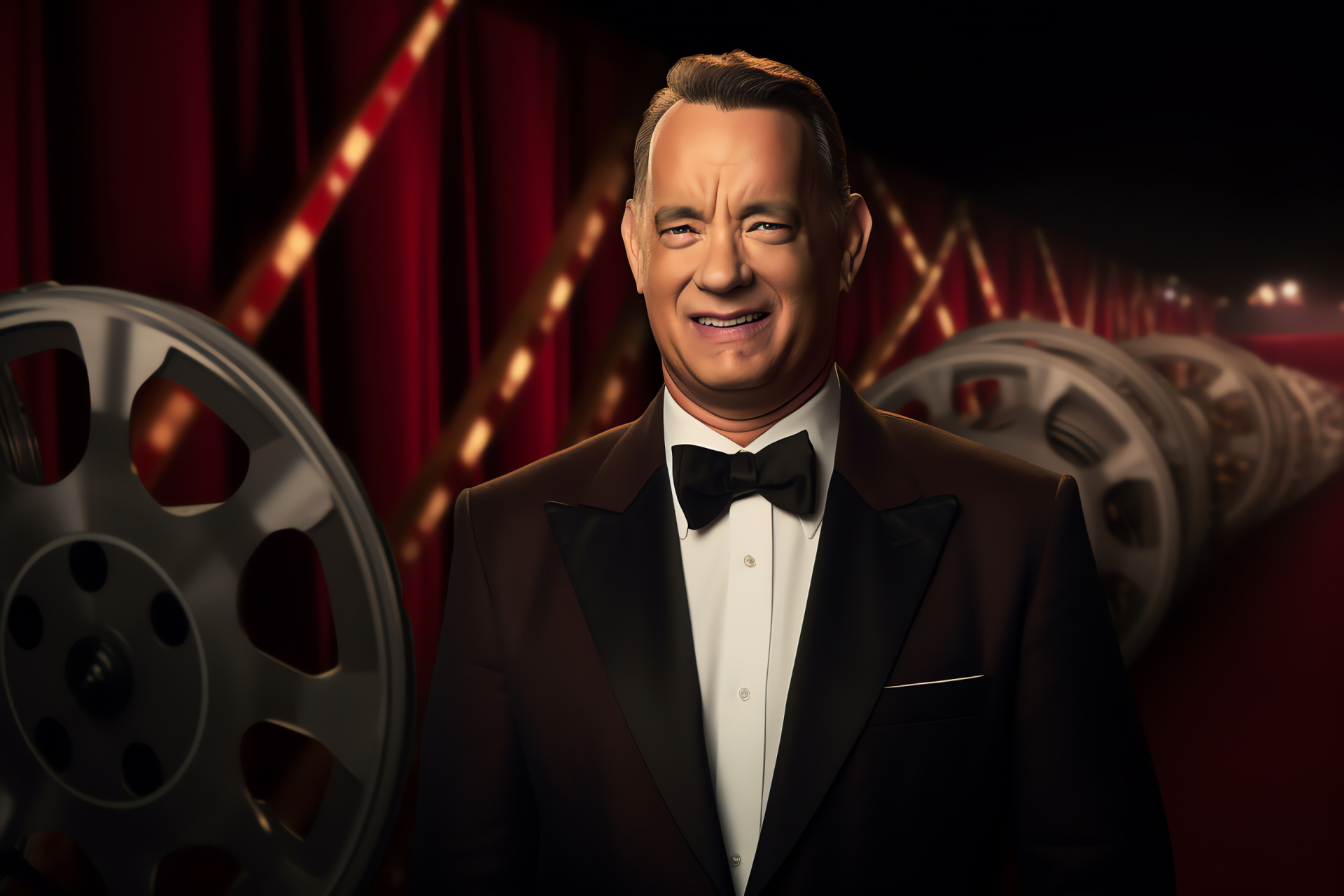 Tom Hanks appearance, Event attire, Celebrity interview, Warm eyes, Script in hand, HD Desktop Image