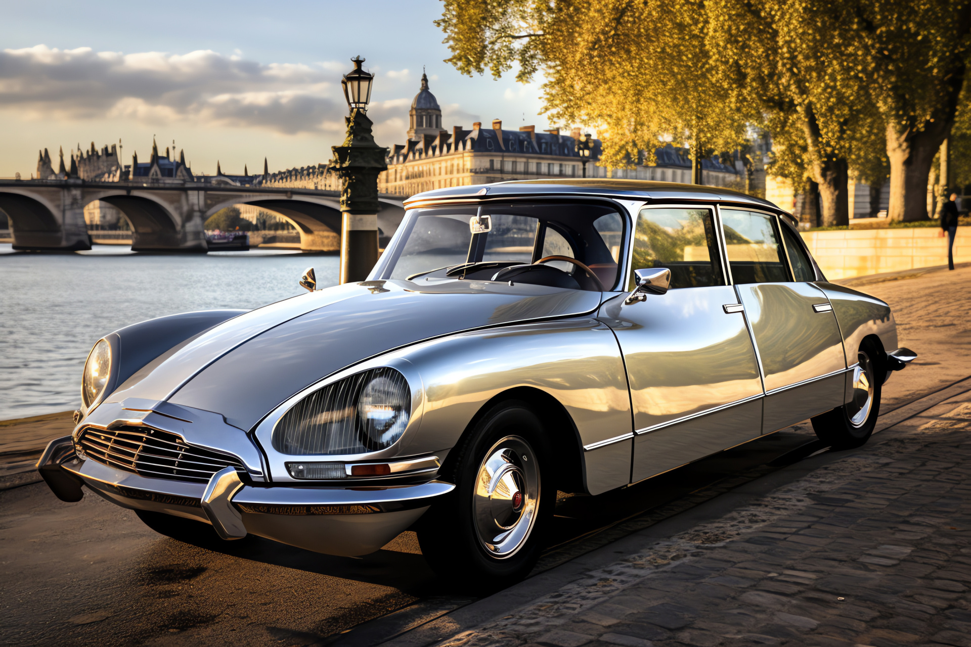 Vintage Citron Auto, Parisian elegance, French luxury car, Iconic Eiffel view, Seine riverbank, HD Desktop Wallpaper