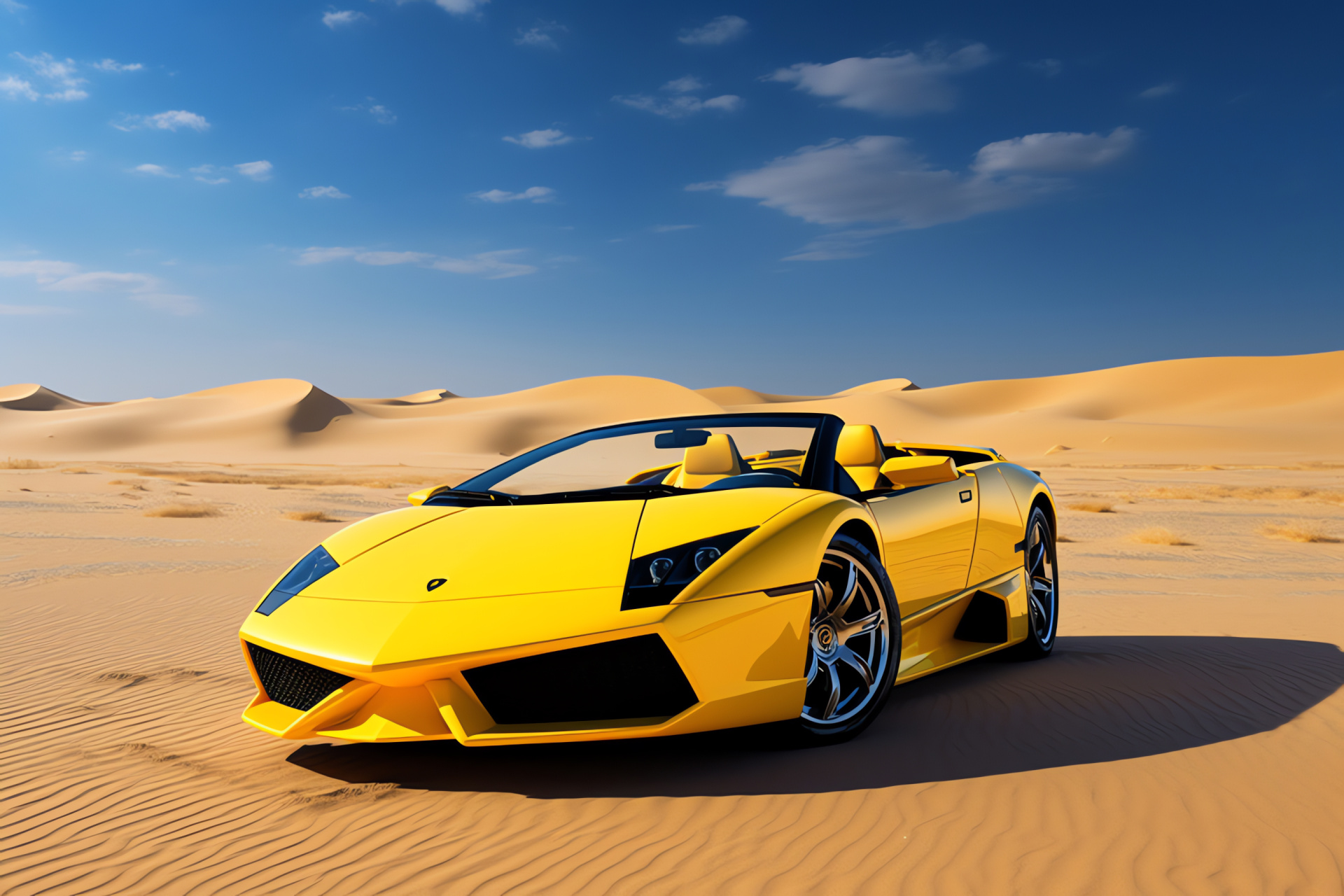 LP640 Roadster Dubai, Middle East luxury, Yellow desert contrast, Skyline backdrop, Dune exploration, HD Desktop Image