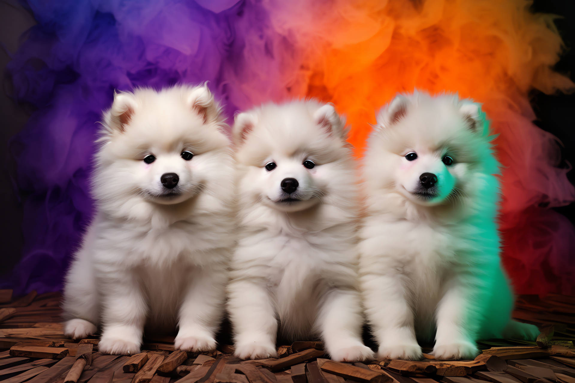 Samoyed dogs, white canine, fluffy breed, pet photography, triple-color ambiance, HD Desktop Image