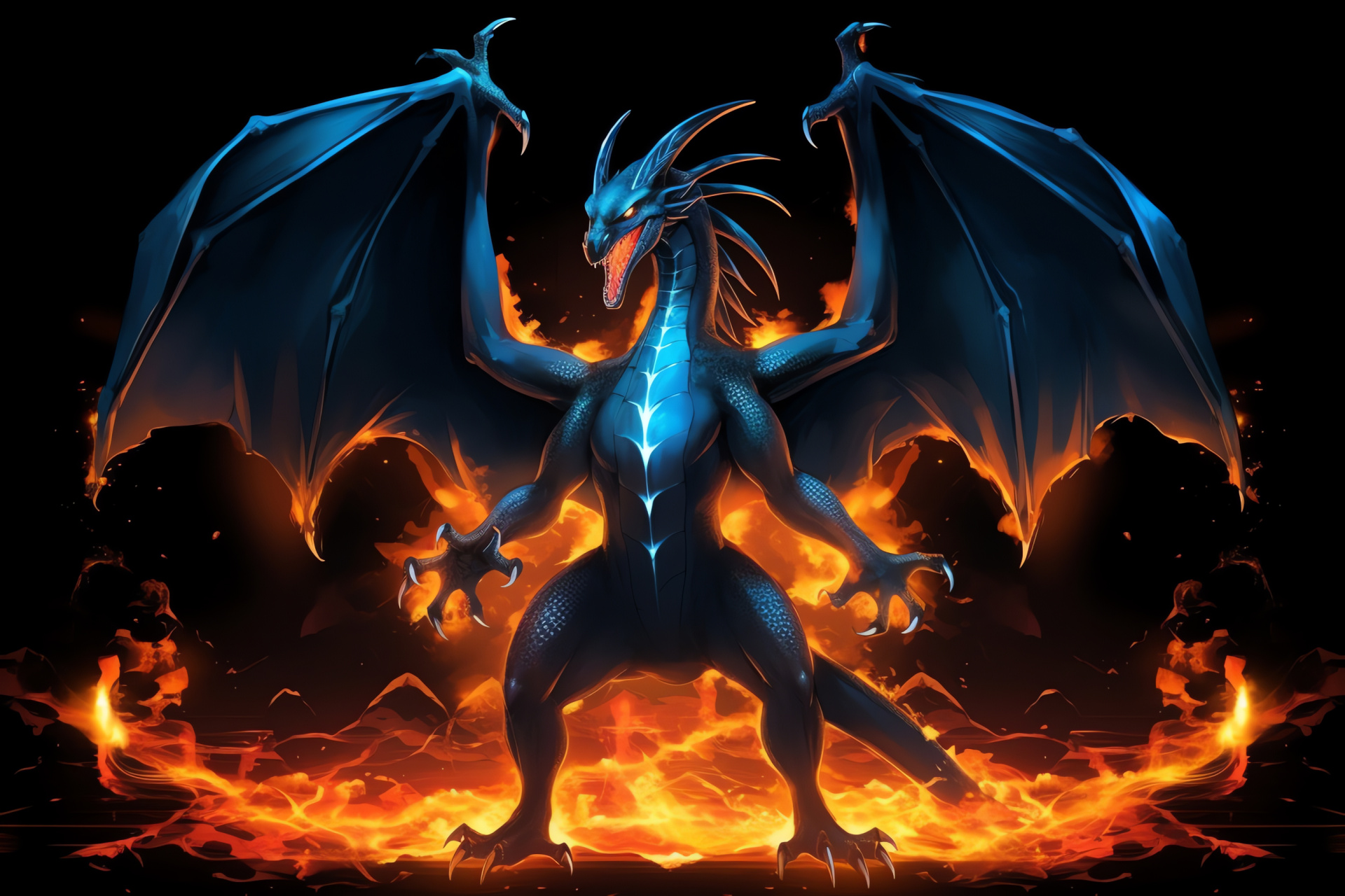 Pokemon Mega Charizard, fiery scales, intense blue eyes, spreading wings, gaming figure, HD Desktop Wallpaper