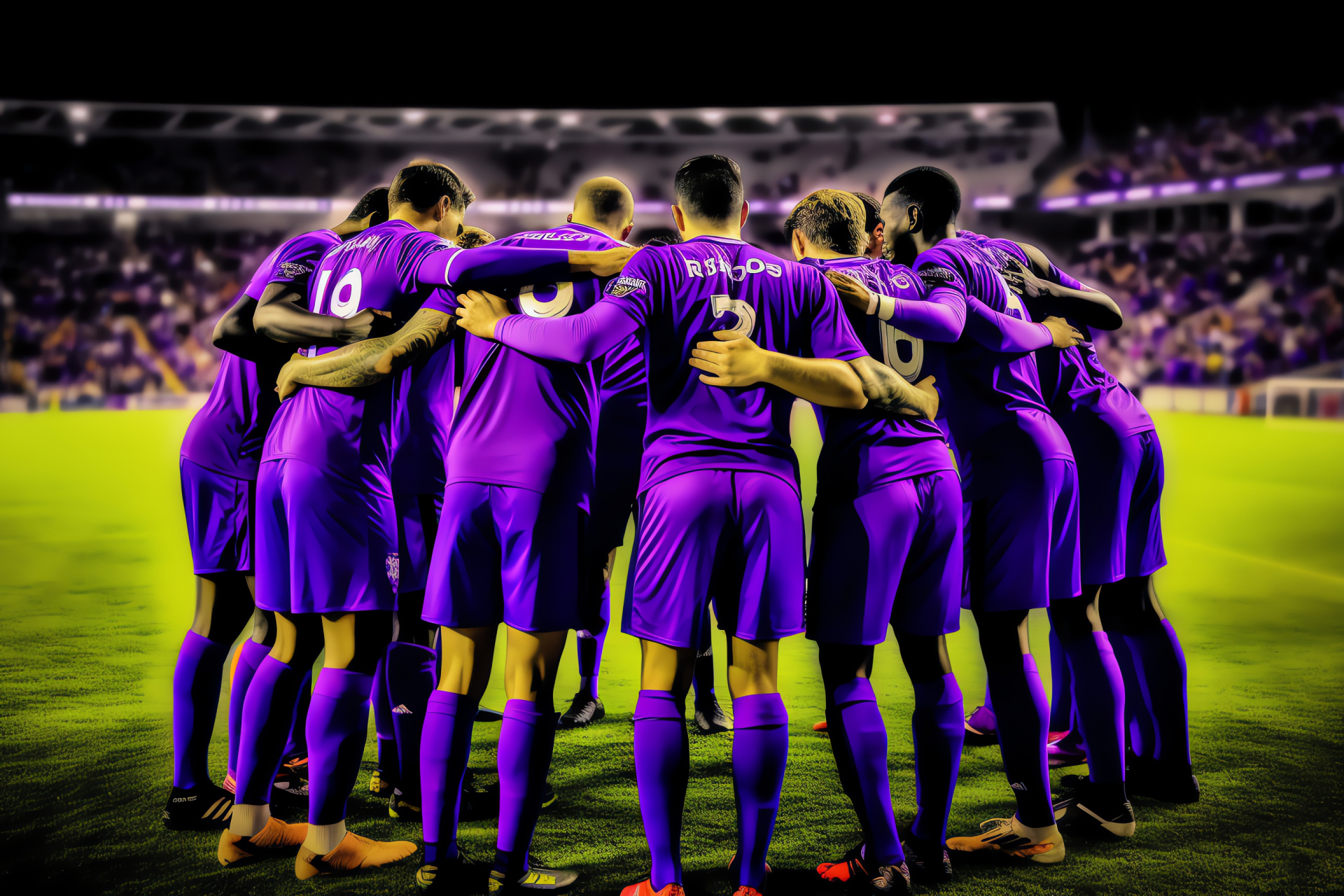 Team unity, Soccer determination, Purple team spirit, Matchday huddle, Athletic ambition, HD Desktop Image