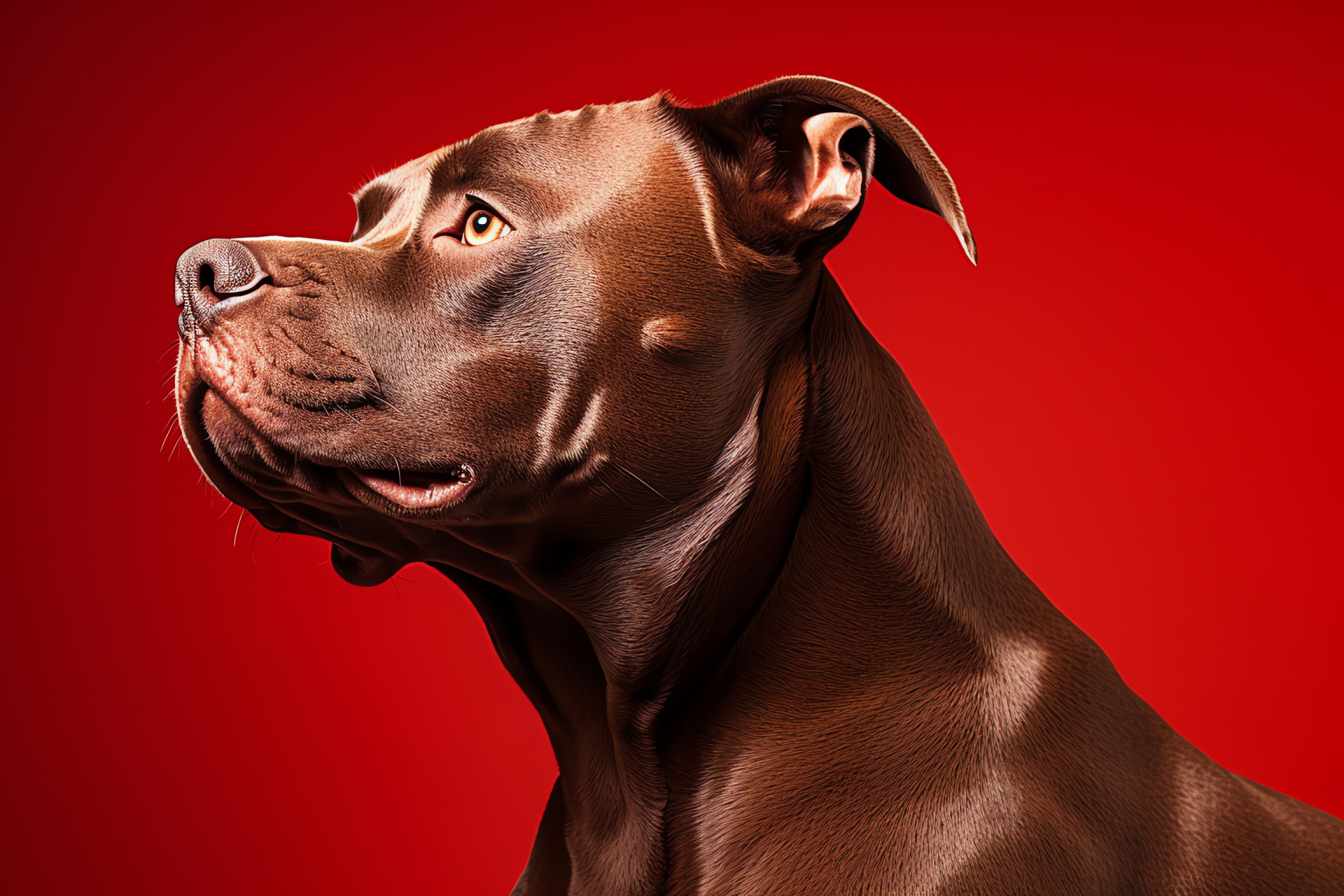 Pitbull canine profile, athletic dog body, shiny canine covering, monochromatic red canvas, HD Desktop Wallpaper