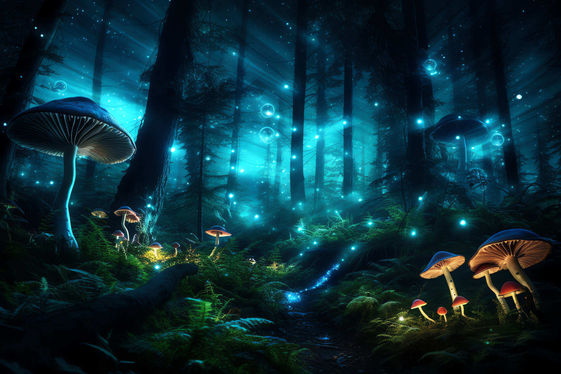 Nocturnal forest scene, Bioluminescent fungi, Nighttime flora, Mystical woodland, Tranquil natural environment, HD Desktop Wallpaper