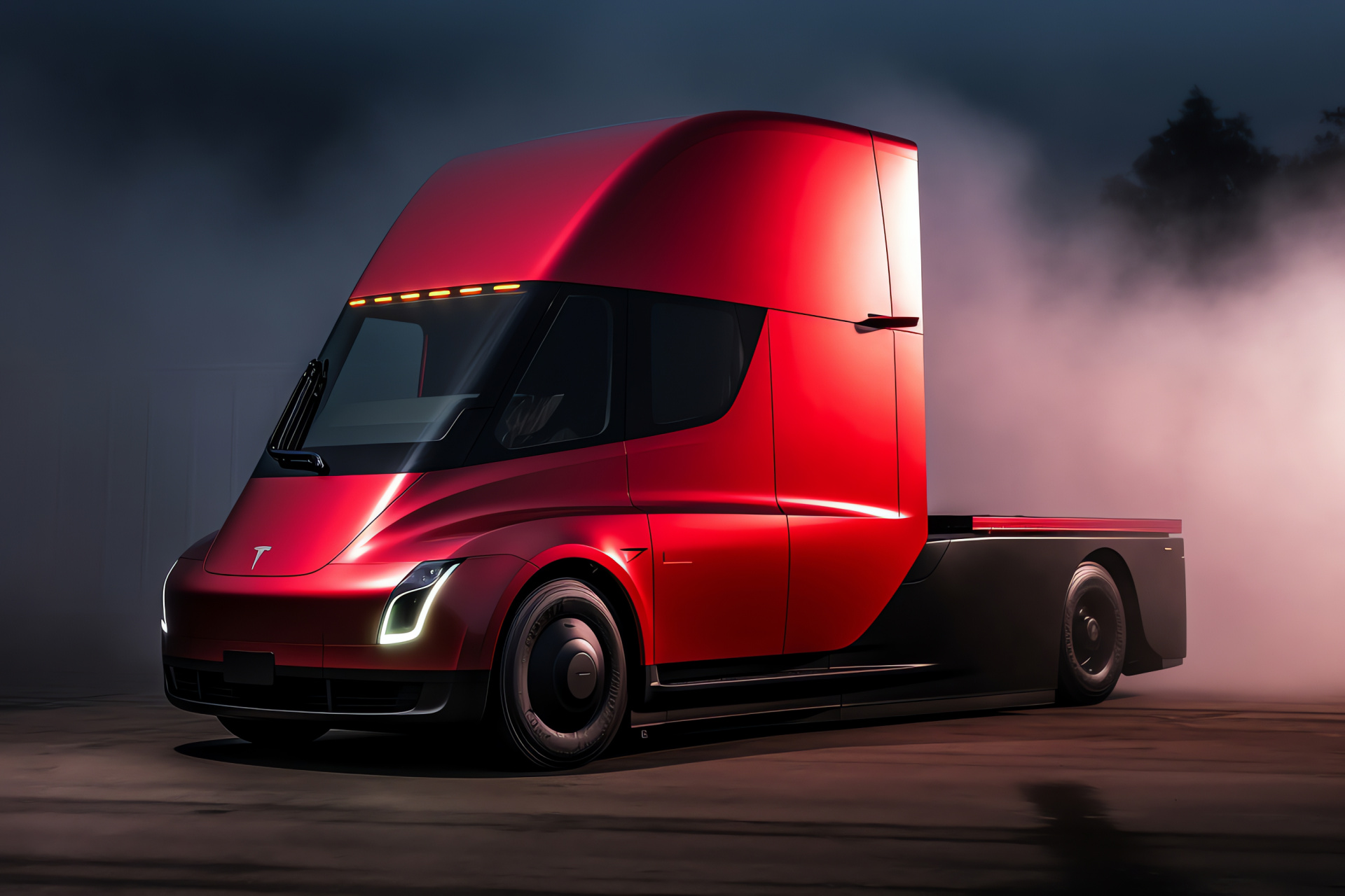 Tesla Semi side shot, High-contrast backdrop, Two-tone design, Electric hauler, Commercial transport, HD Desktop Image