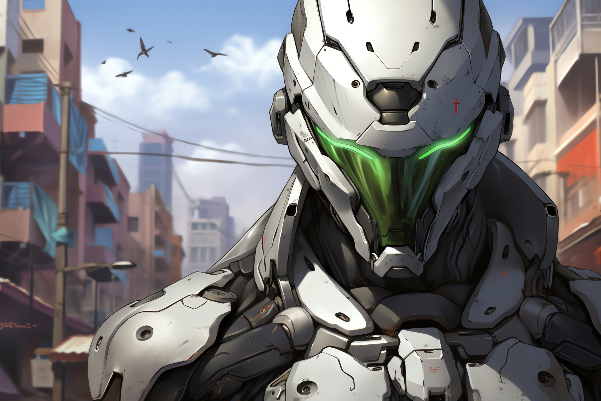 Ninja warrior Genji, sharp blade, Genjis focus, intense character design, damaged city, HD Desktop Wallpaper