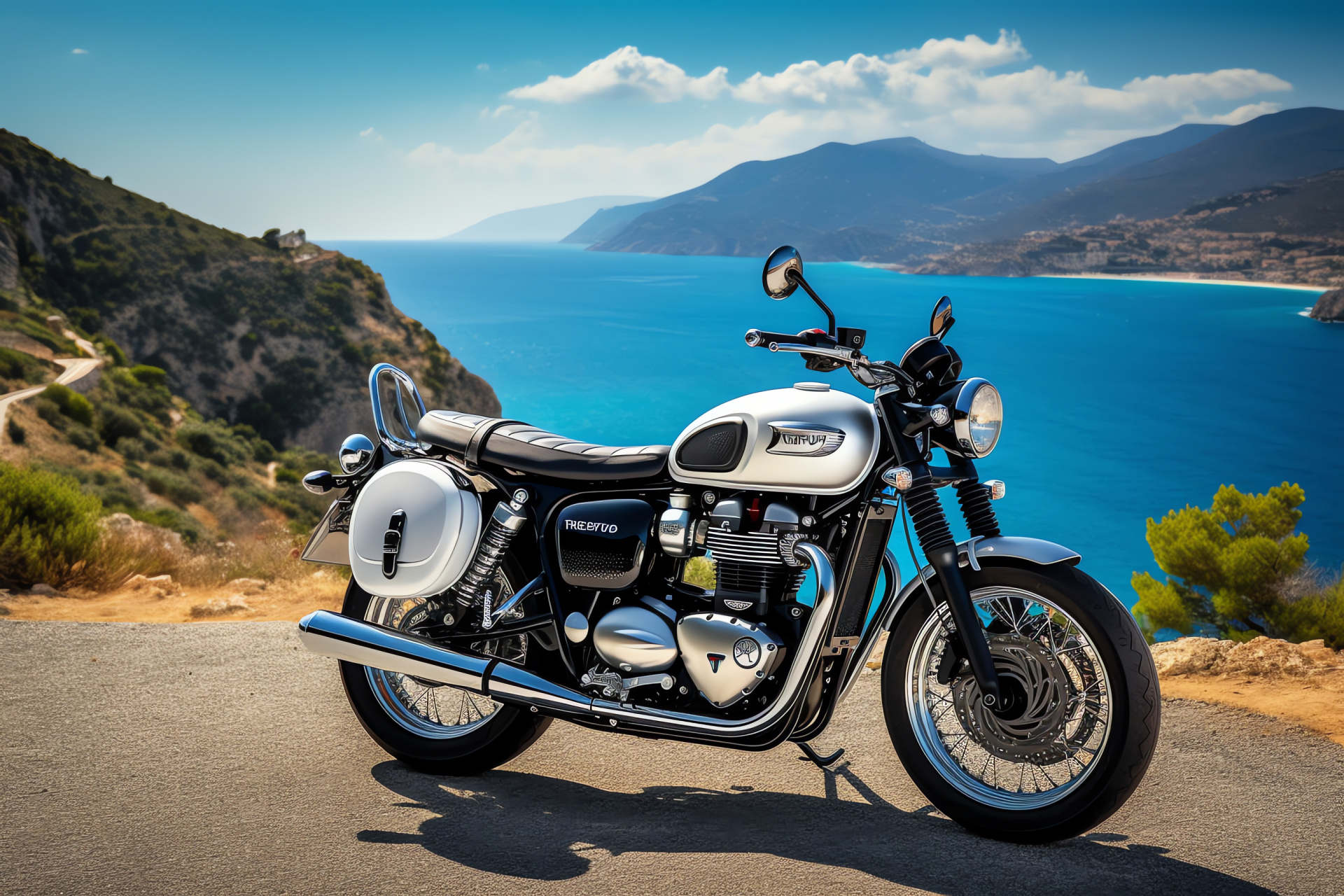 Triumph Bonneville T120 Diamond, Amalfi Coast touring, White diamond finish, Italian coastline journey, Scenic views, HD Desktop Wallpaper