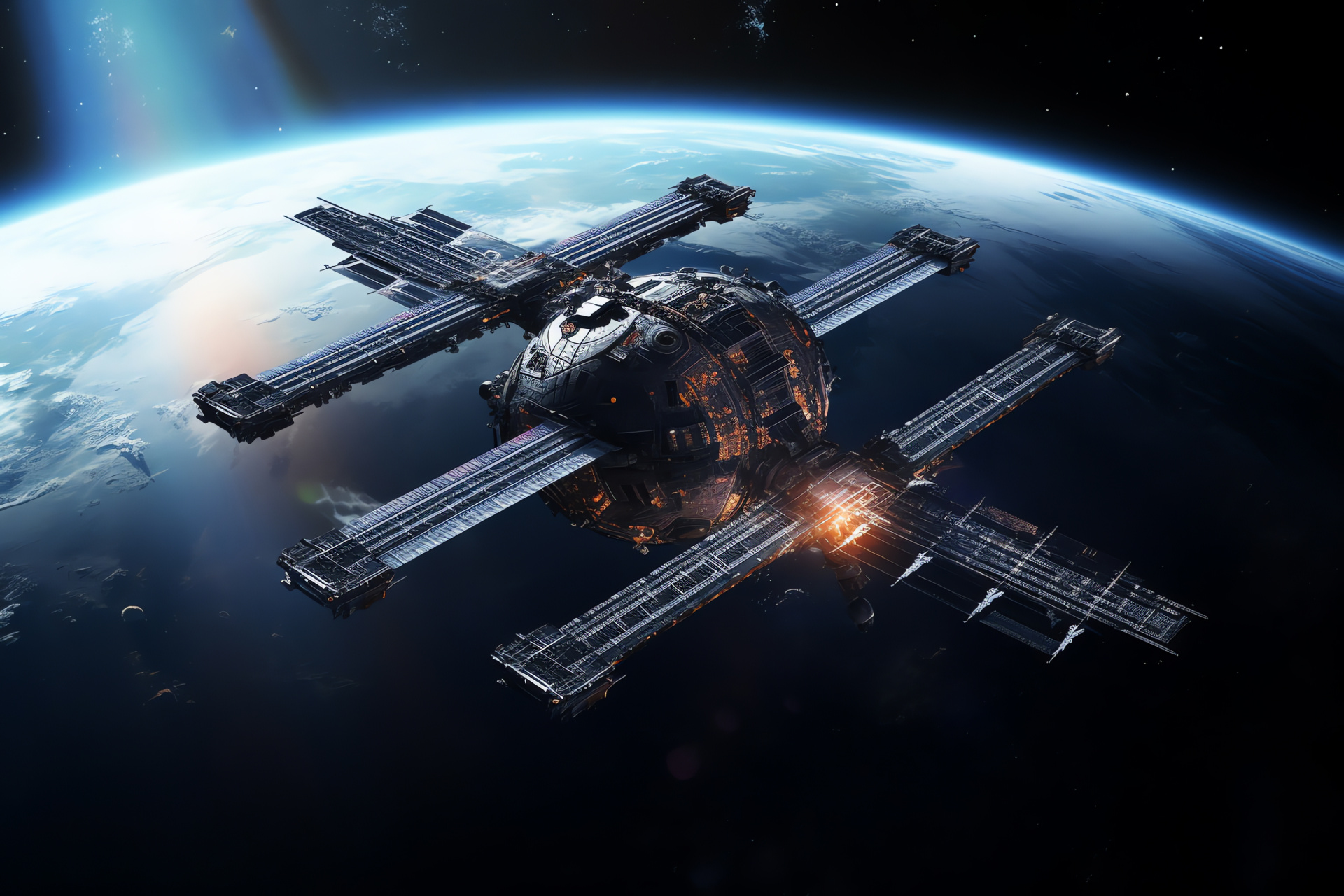 Artificial satellite, Planetary panorama, Habitation compartments, Energy arrays, Global observation, HD Desktop Image