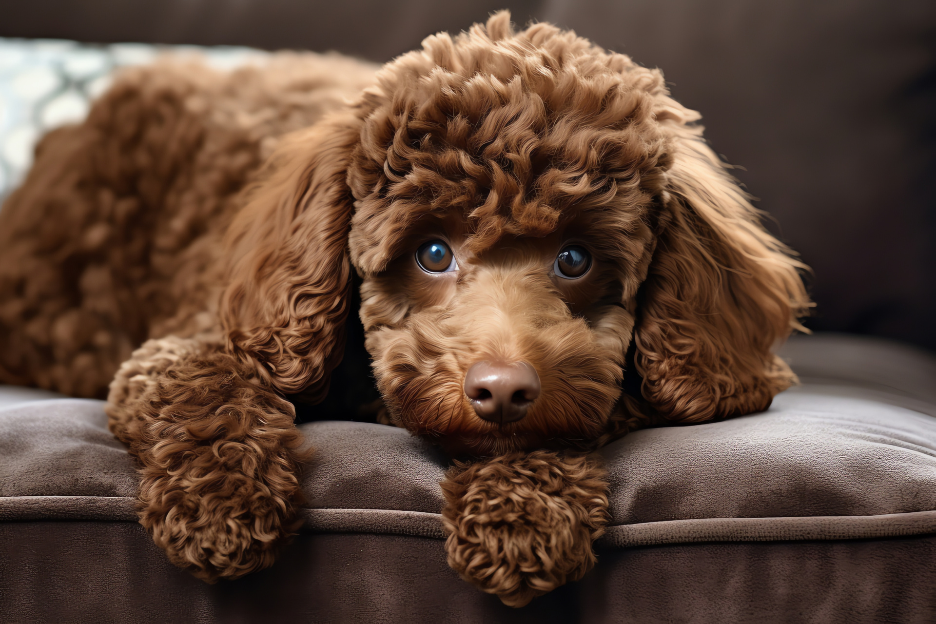 Affectionate Poodle, deep brown eyes, lush chocolate coat, velvety fur texture, chestnut hues, HD Desktop Image