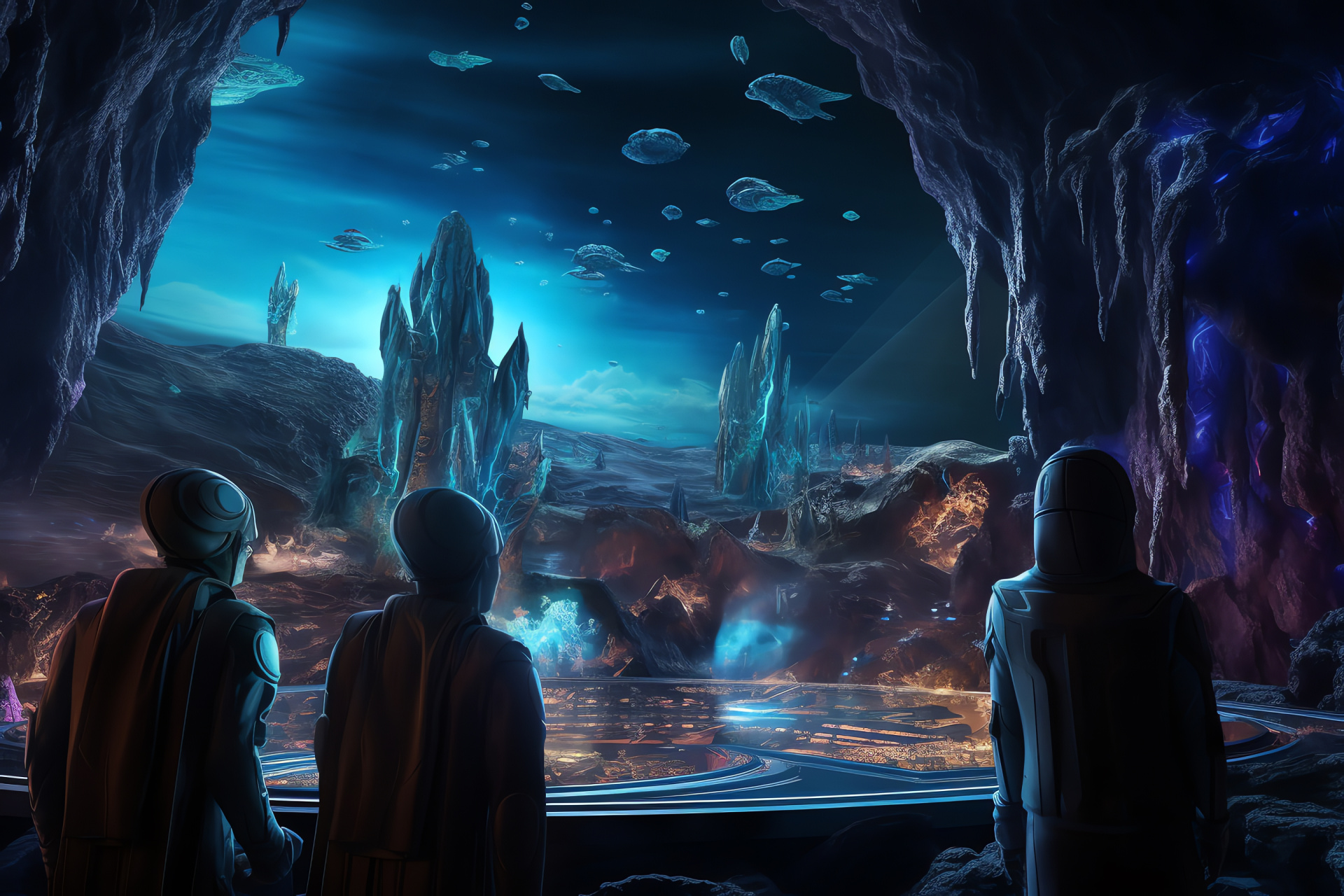 Alien congregation, Outer space analysis, Holographic communication, Extraterrestrial ruins, Space archeology, HD Desktop Image