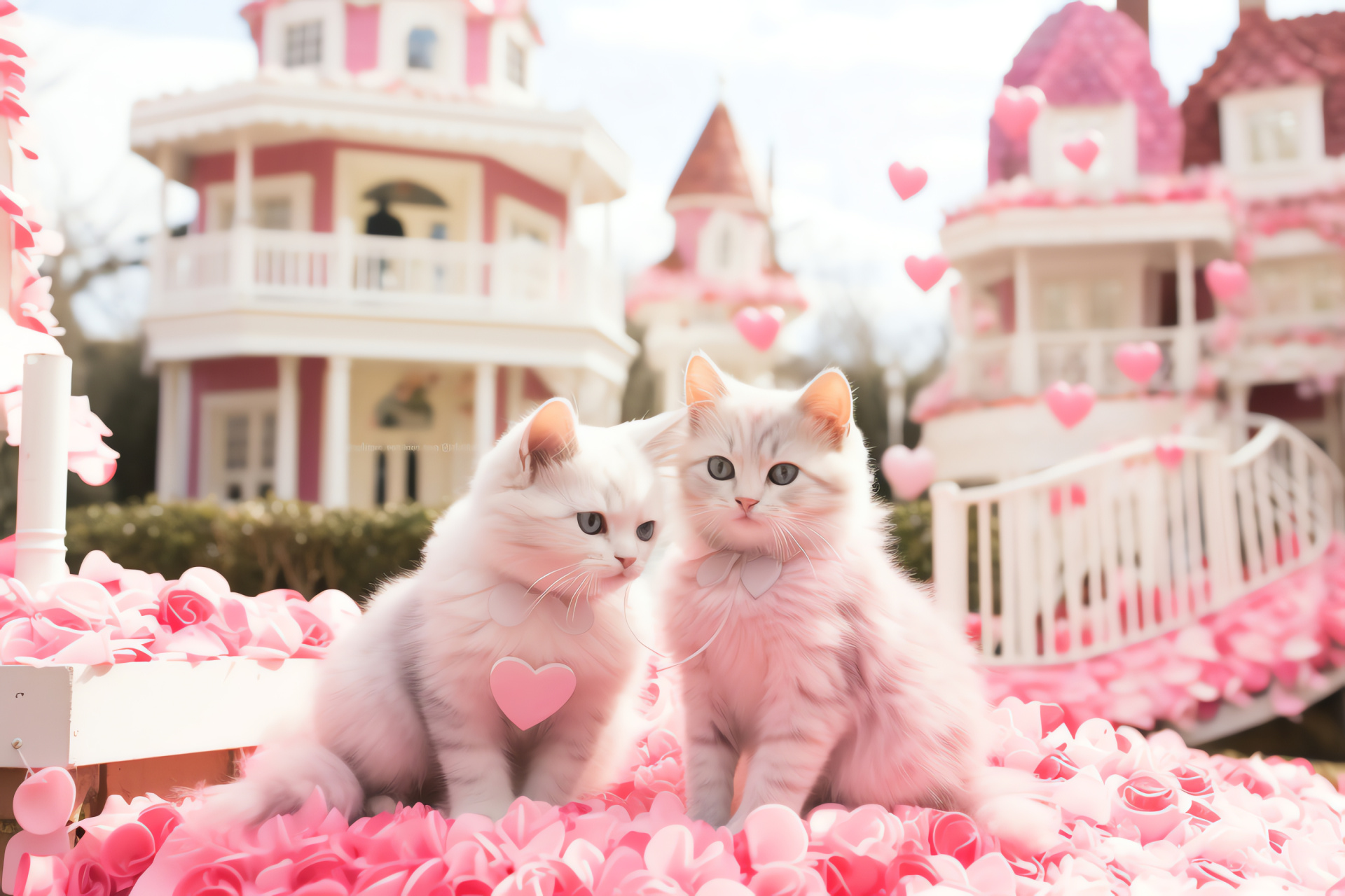 Loveville with felines, adorable whiskers, park setting, Valentine's attire, Love celebration, HD Desktop Image