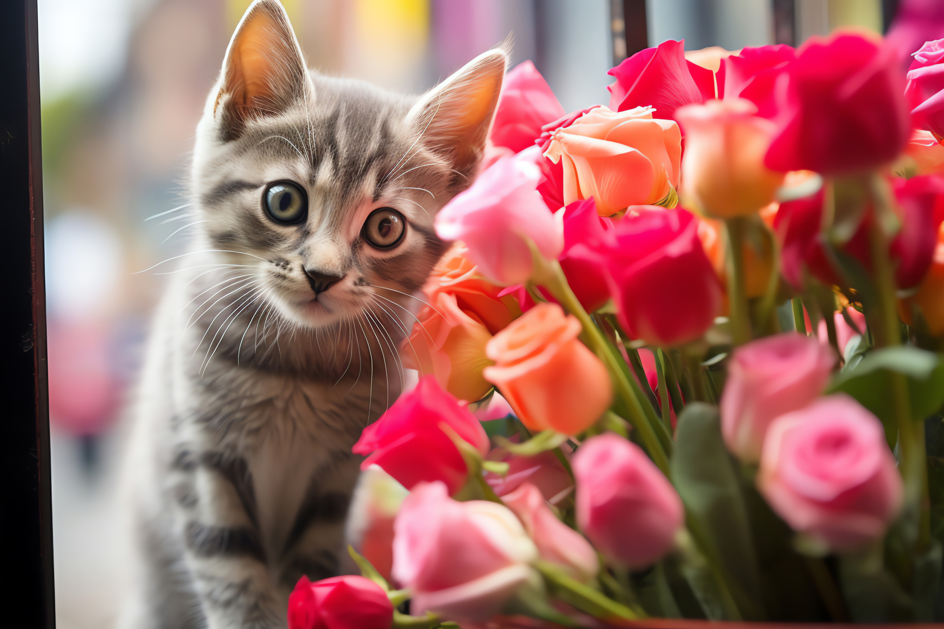 Urban frolic, feline Romeo, ledge perching, florist outlet, assorted arrangements, HD Desktop Image