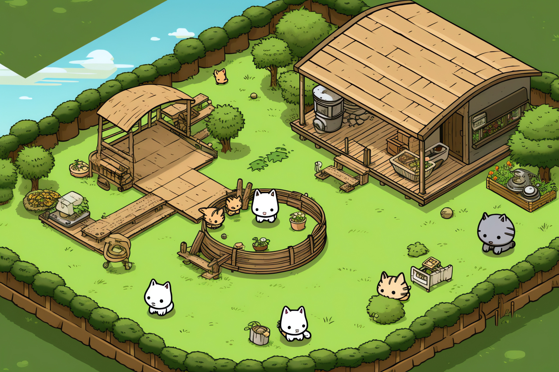 Neko Atsume game scenery, Relaxing garden spot, Green space in game, Virtual pet platform, Casual gaming, HD Desktop Image